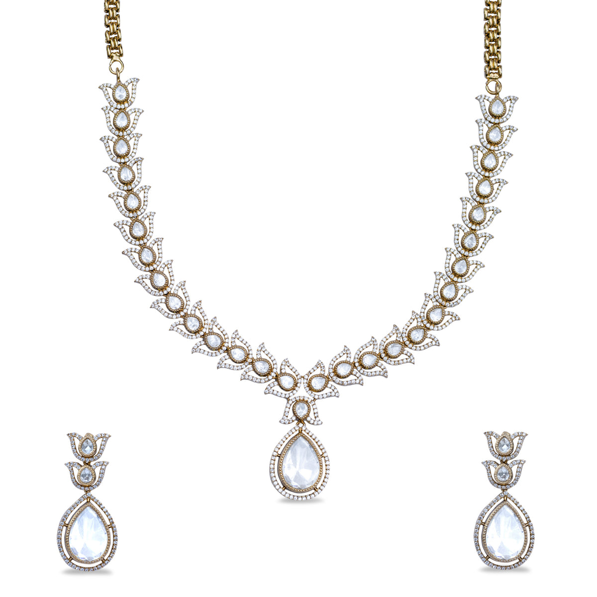 Close-up photo of a pear - shaped Cubic Zirconia necklace and earring set.