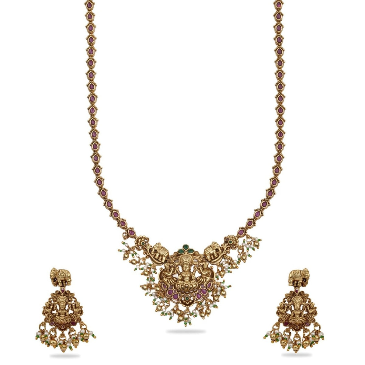 An image of an antique long necklace with Goddess Laxmi motif in the center surrounded by elephants &amp; floral motifs.