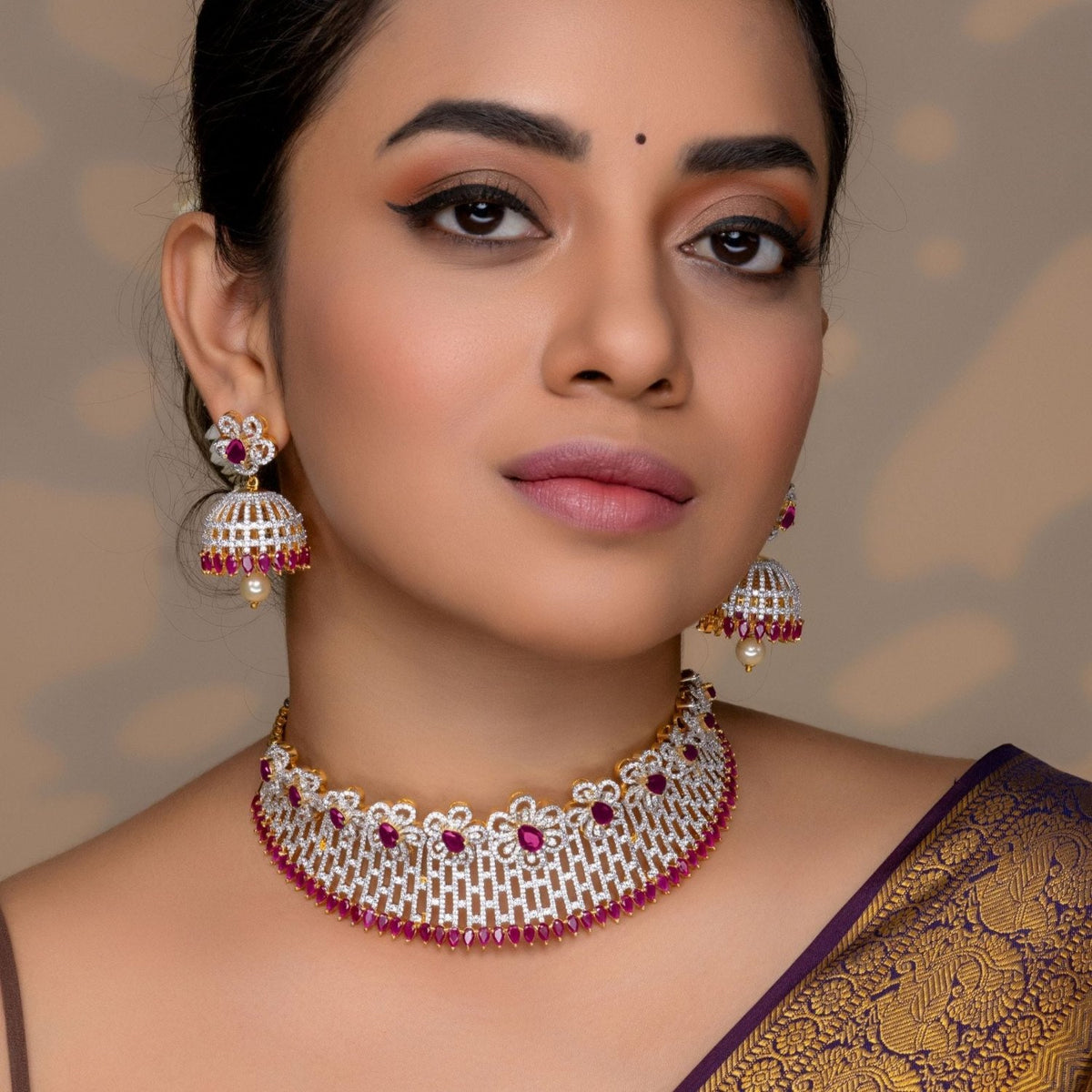 Lilac Floral Red Nakshatra CZ Choker Set