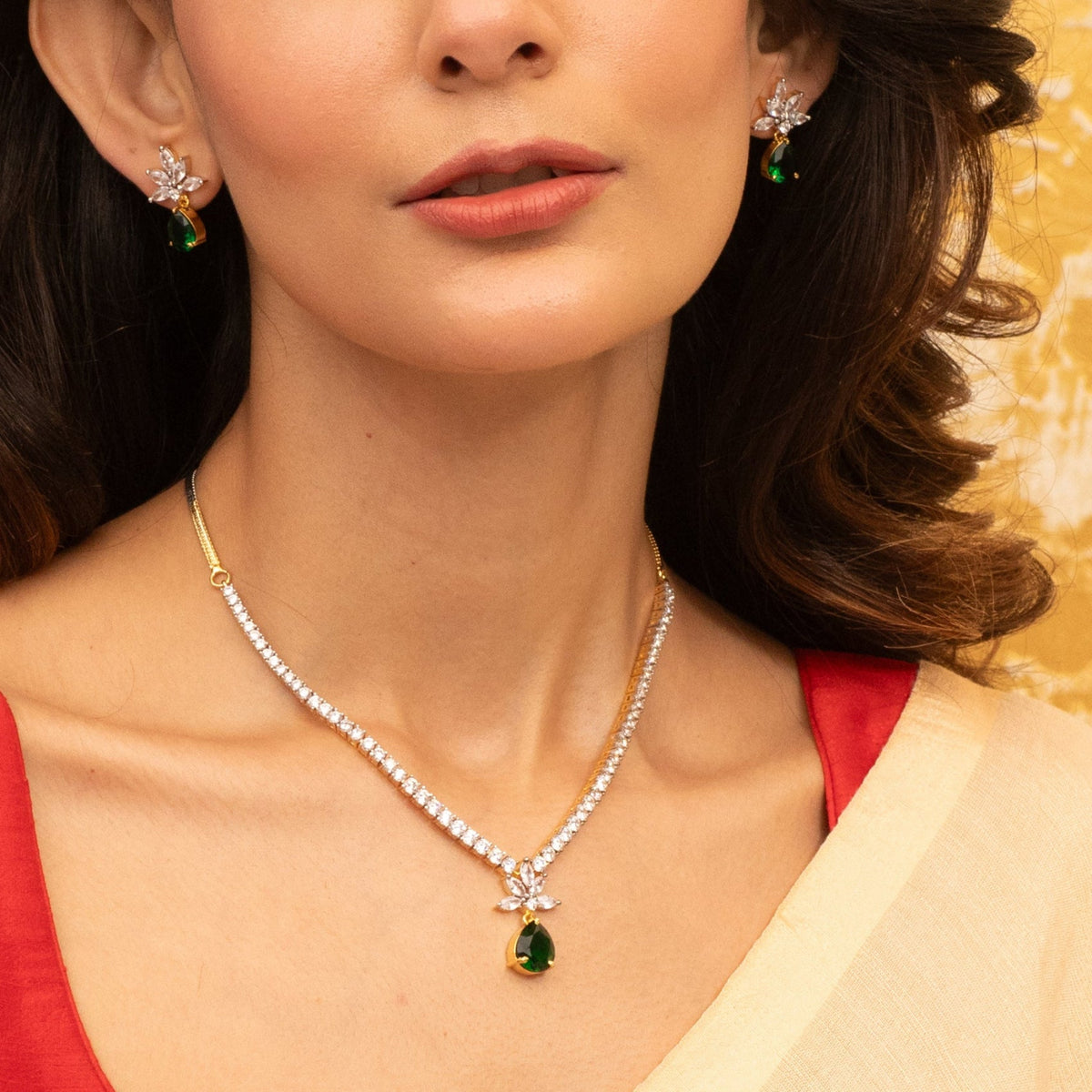 Camellia CZ Green Necklace Set