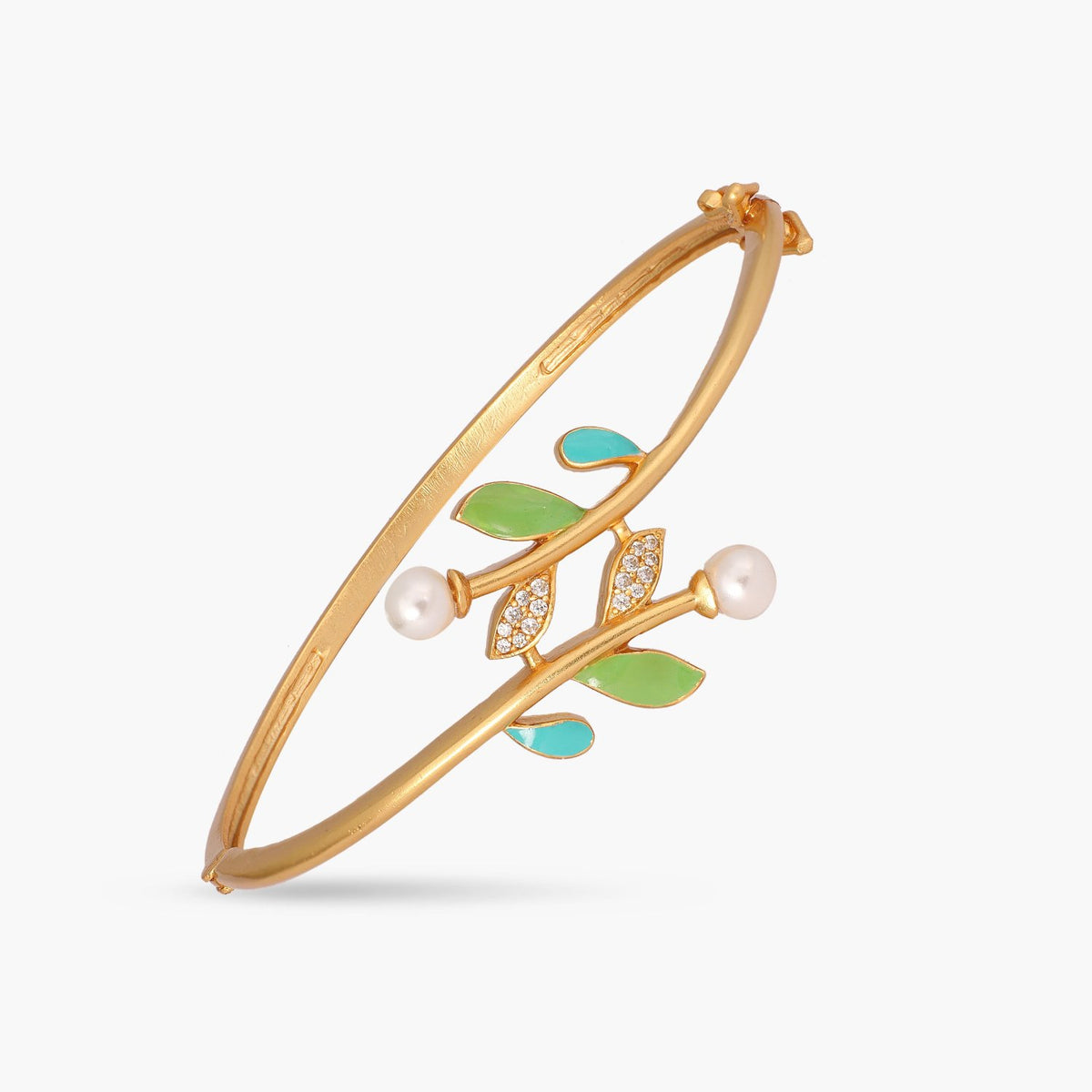 Eriha Pearl CZ Green Leaf Cuff Bracelet