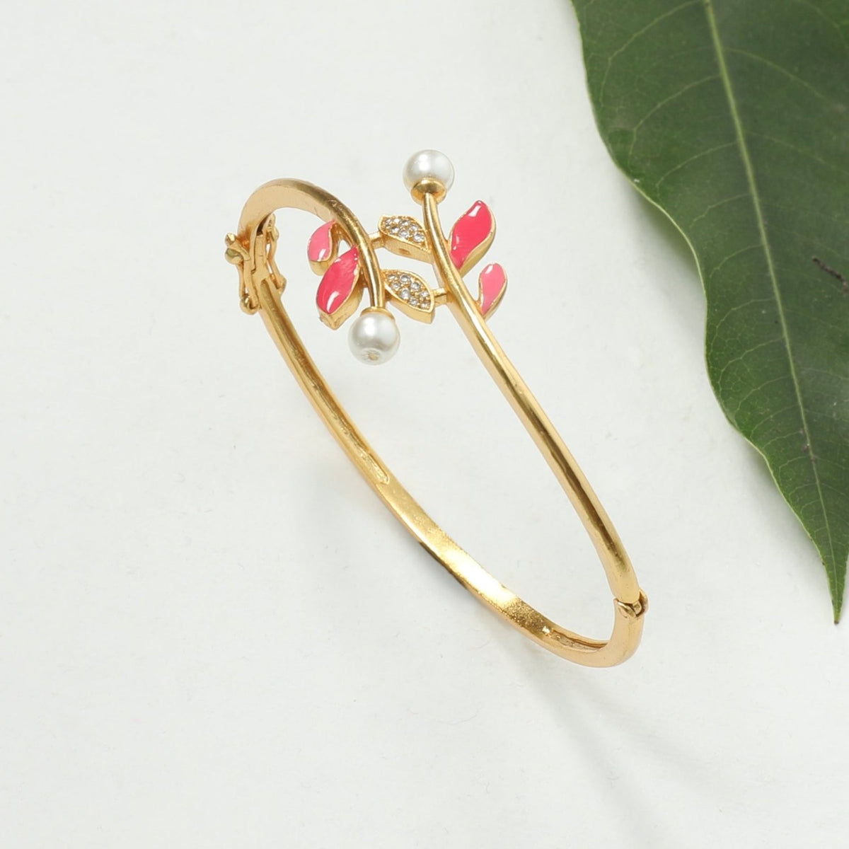 Eriha Pearl CZ Pink Leaf Cuff Bracelet 