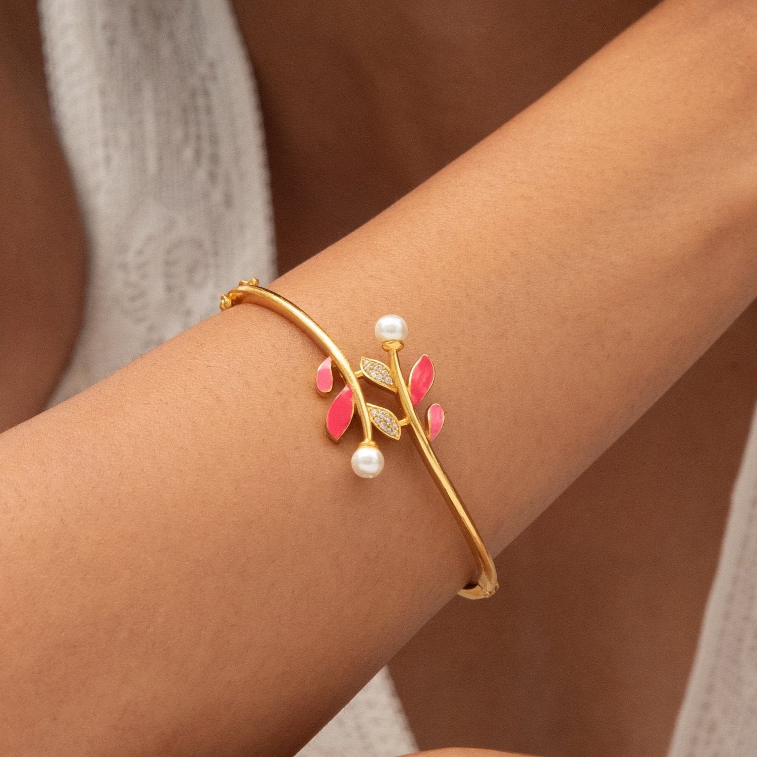 Eriha Pearl CZ Pink Leaf Cuff Bracelet 