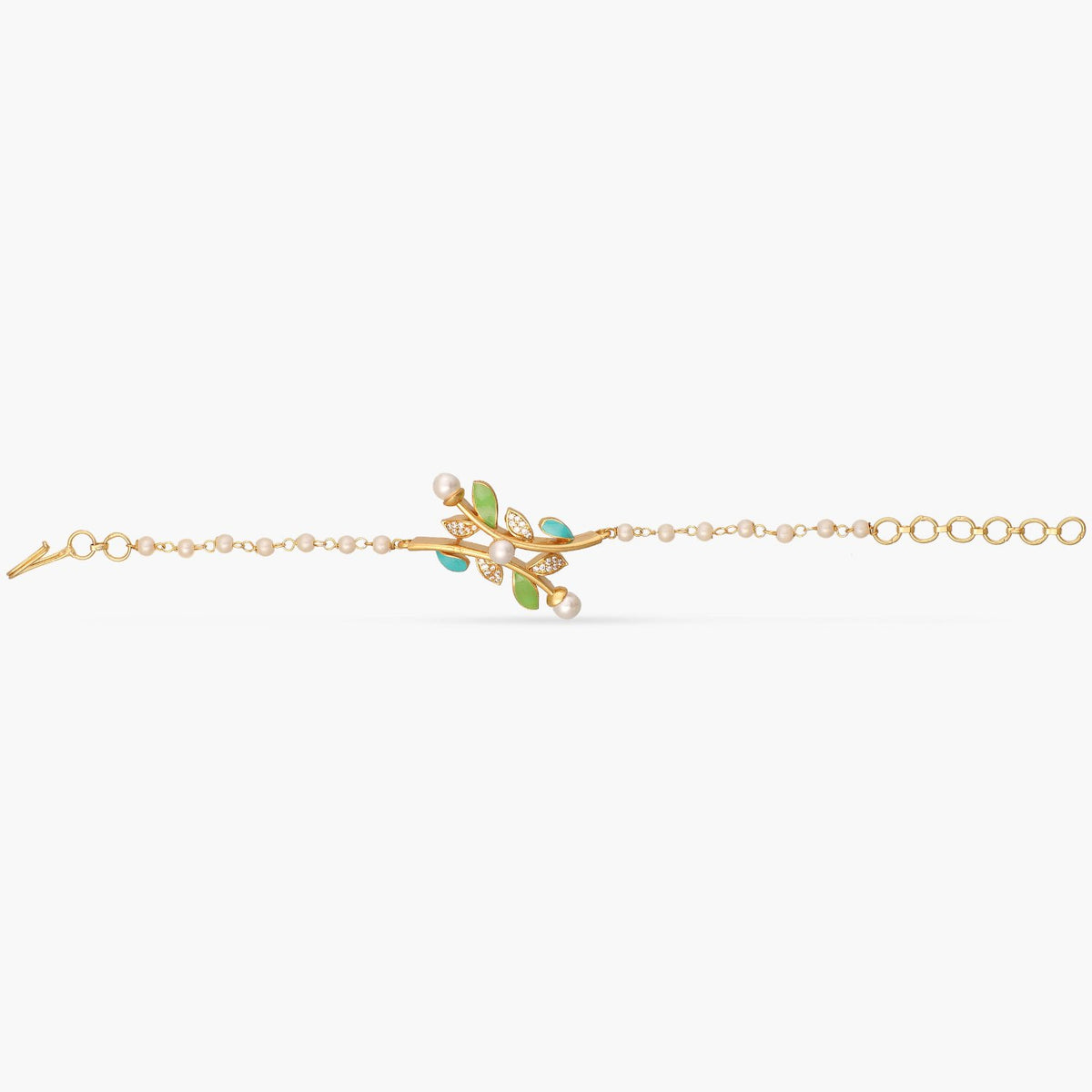 Eriha Pearl CZ Green Leaf Chain Bracelet