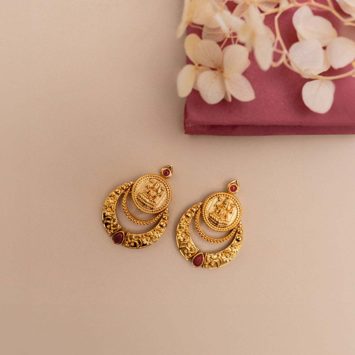 Shreeja Antique Red Kempu Chandbali Earrings 