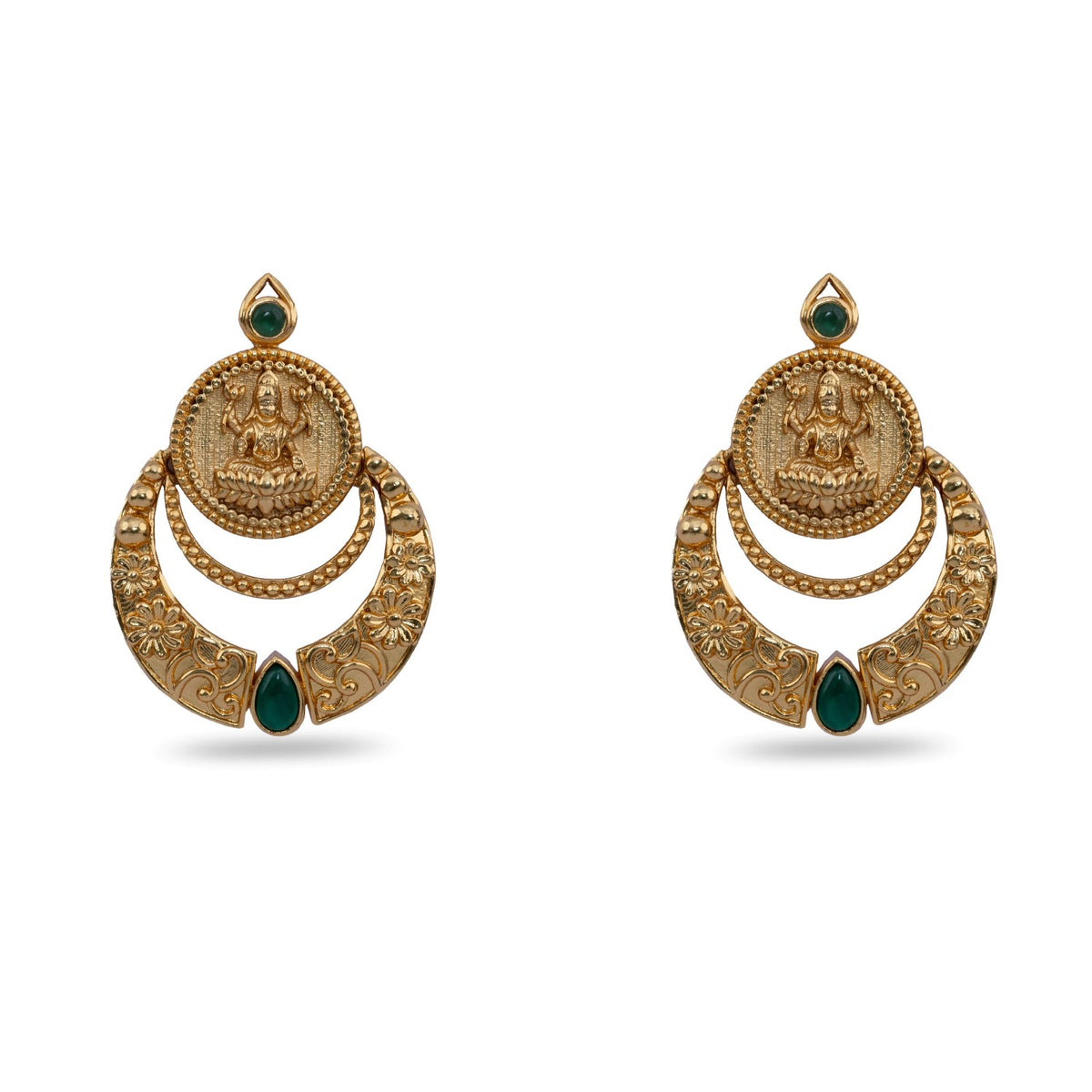 Shreeja Antique Green Kempu Chandbali Earrings