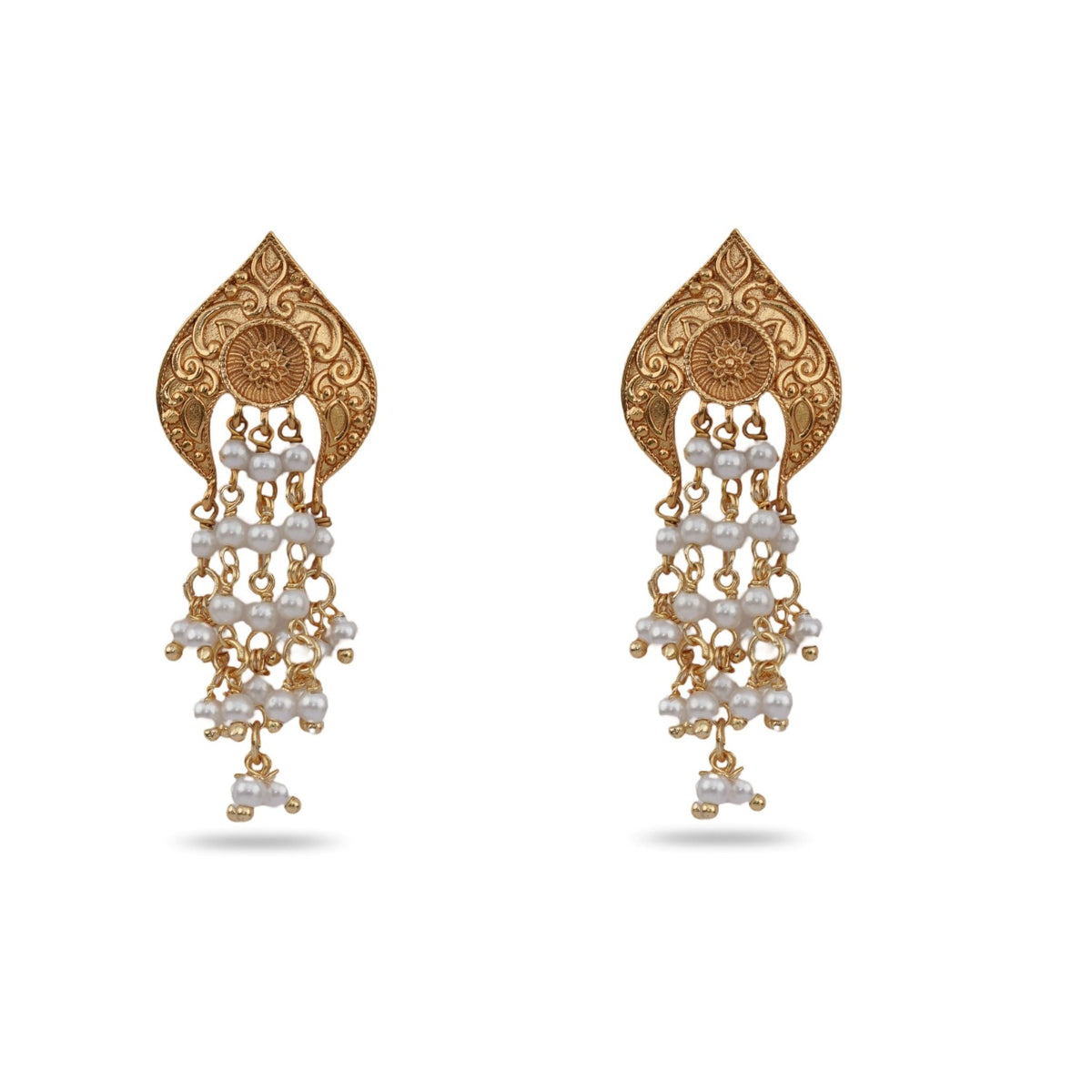 A picture of a pair of gold plated earrings with white beads. 