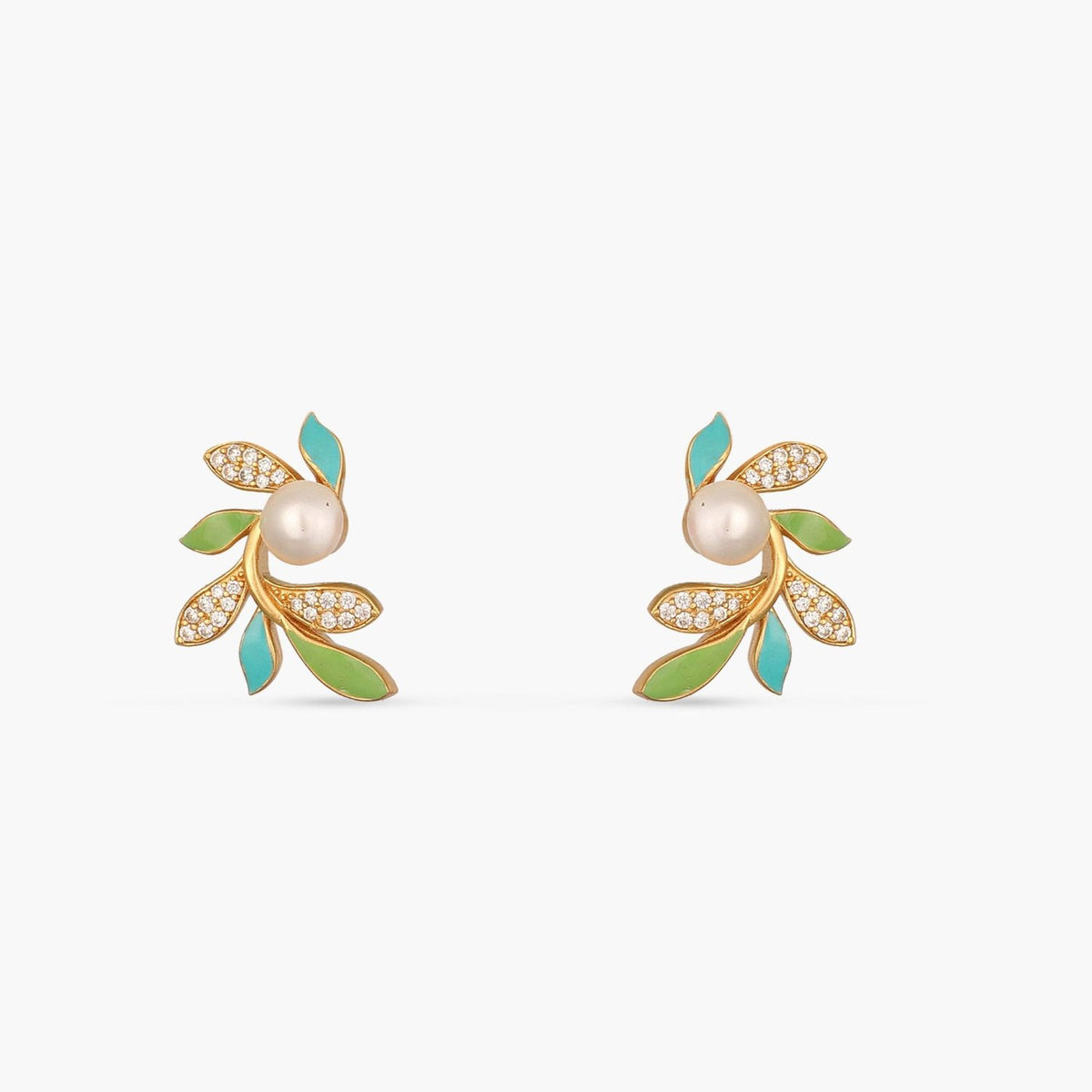 Eriha Pearl CZ Green Leaf Stud Earrings 