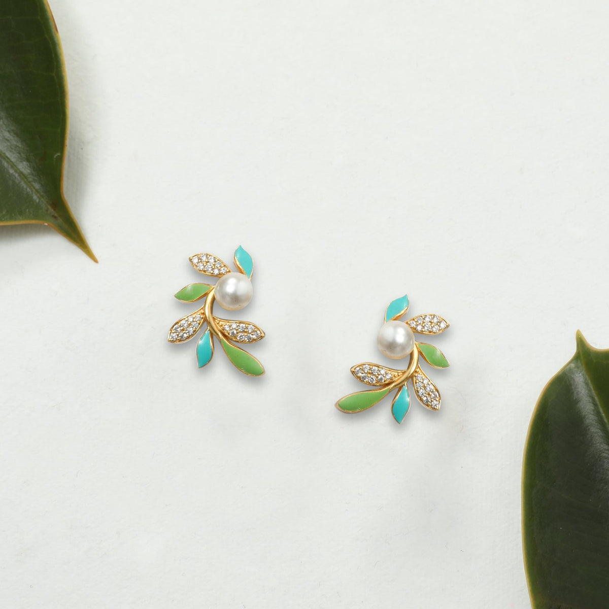 Eriha Pearl CZ Green Leaf Stud Earrings 