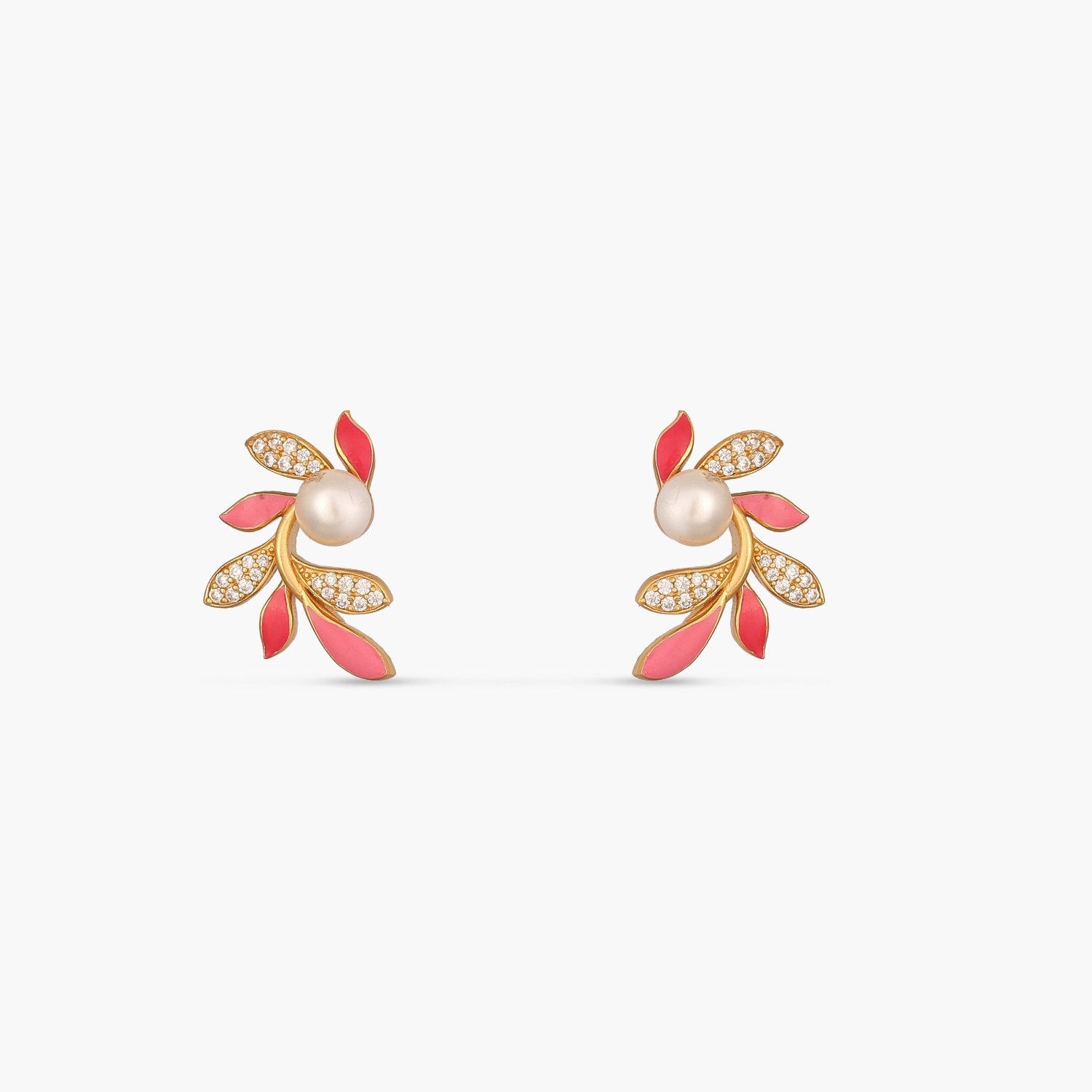 Eriha Pearl CZ Pink Leaf Stud Earrings 