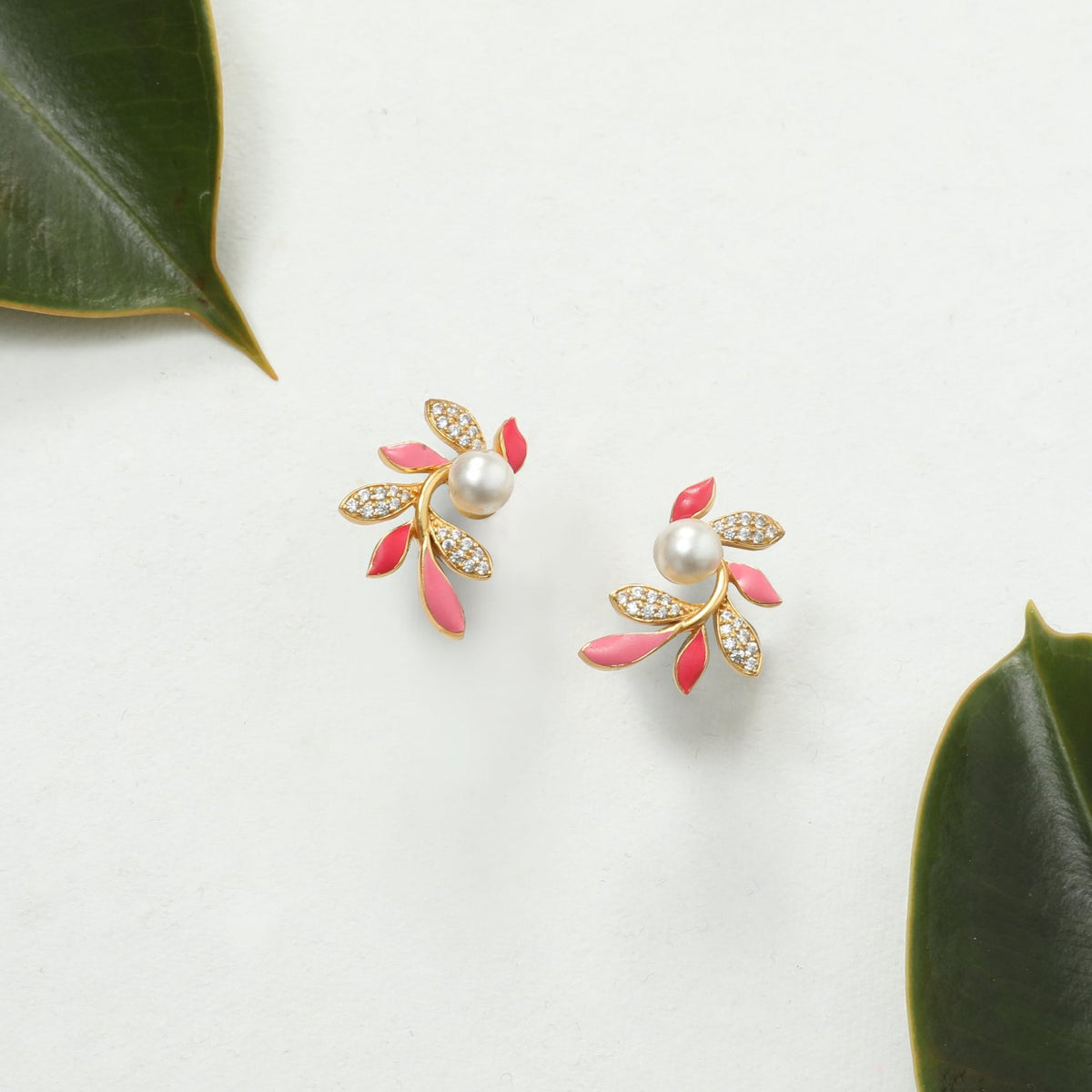 Eriha Pearl CZ Pink Leaf Stud Earrings 