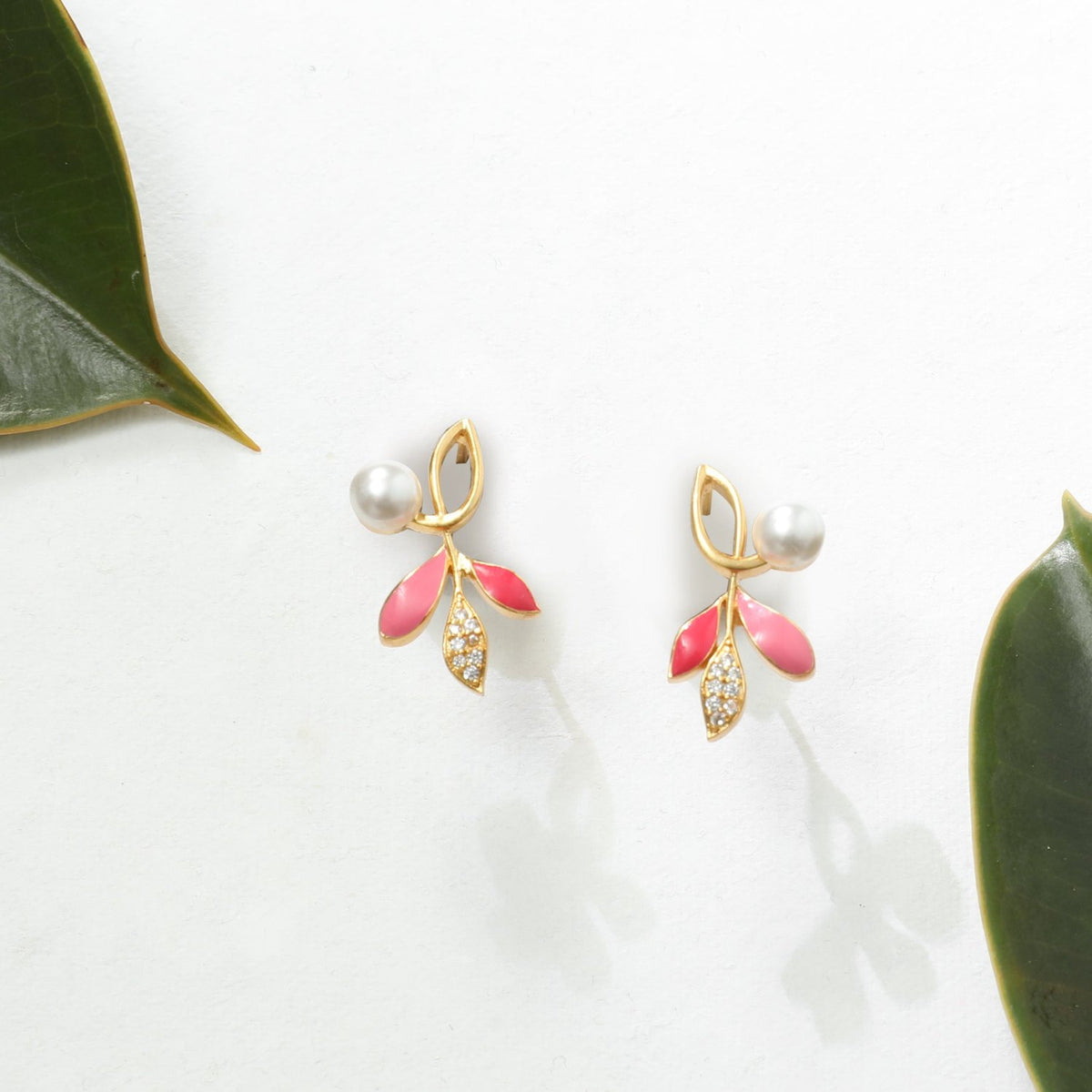 Eriha Pearl Statemnet Pink Leaf Stud Earrings 