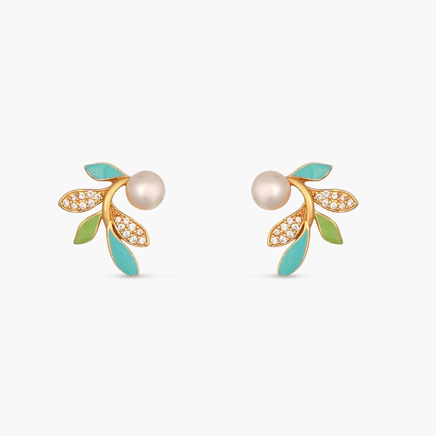 Eriha Pearl Delicate Green Leaf Stud Earrings