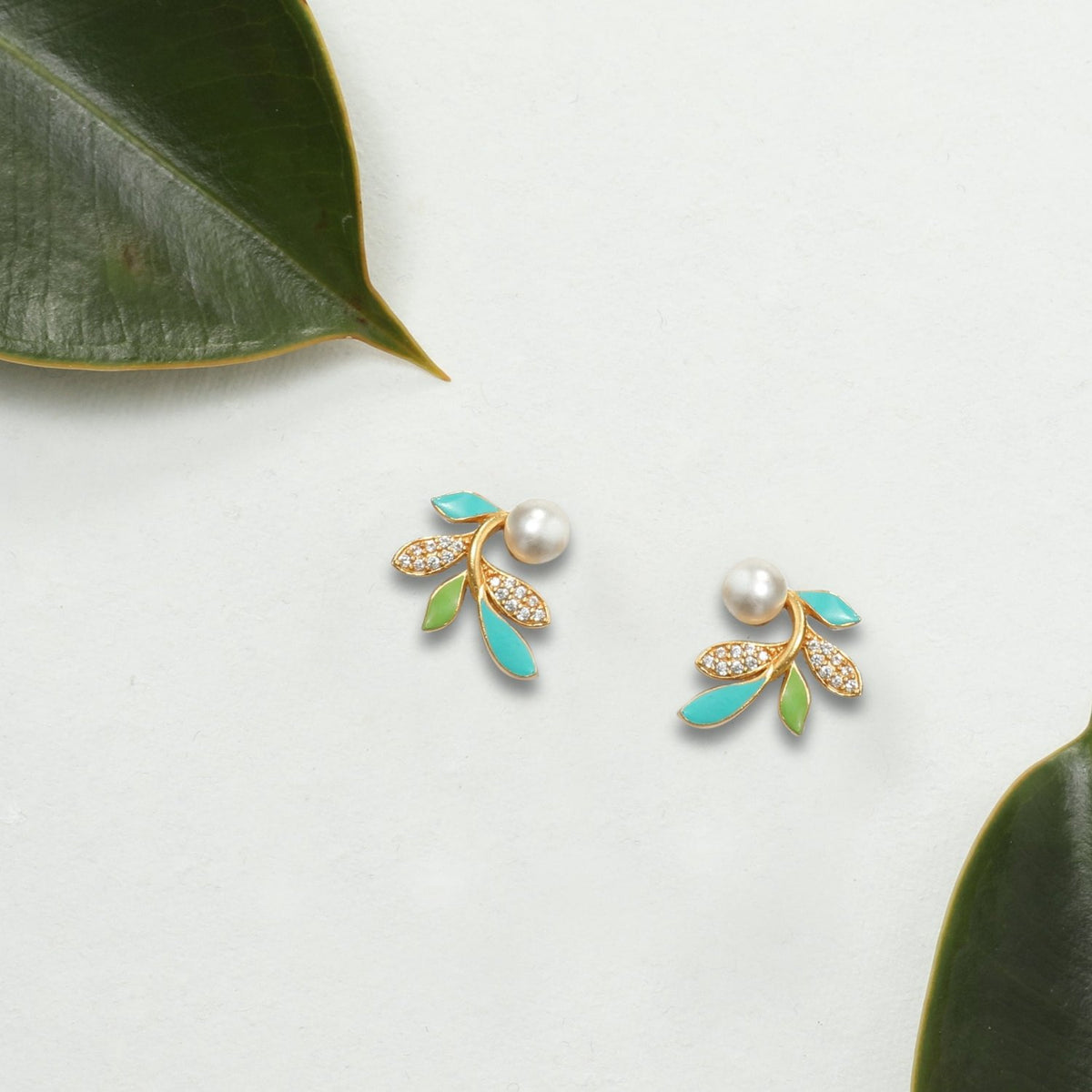 Eriha Pearl Delicate Green Leaf Stud Earrings