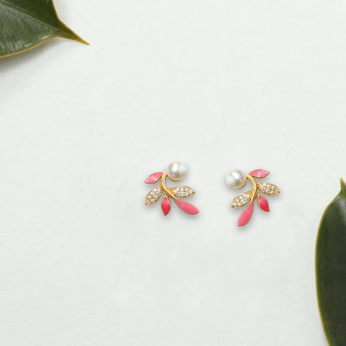 Eriha Pearl Delicate Pink Leaf Stud Earrings