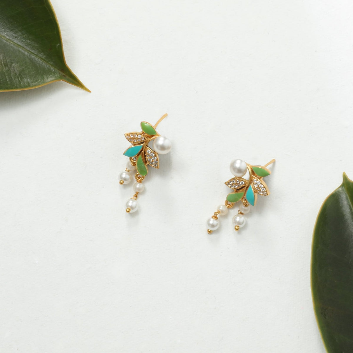 Eriha Pearl CZ Green Leaf Drop Earrings 