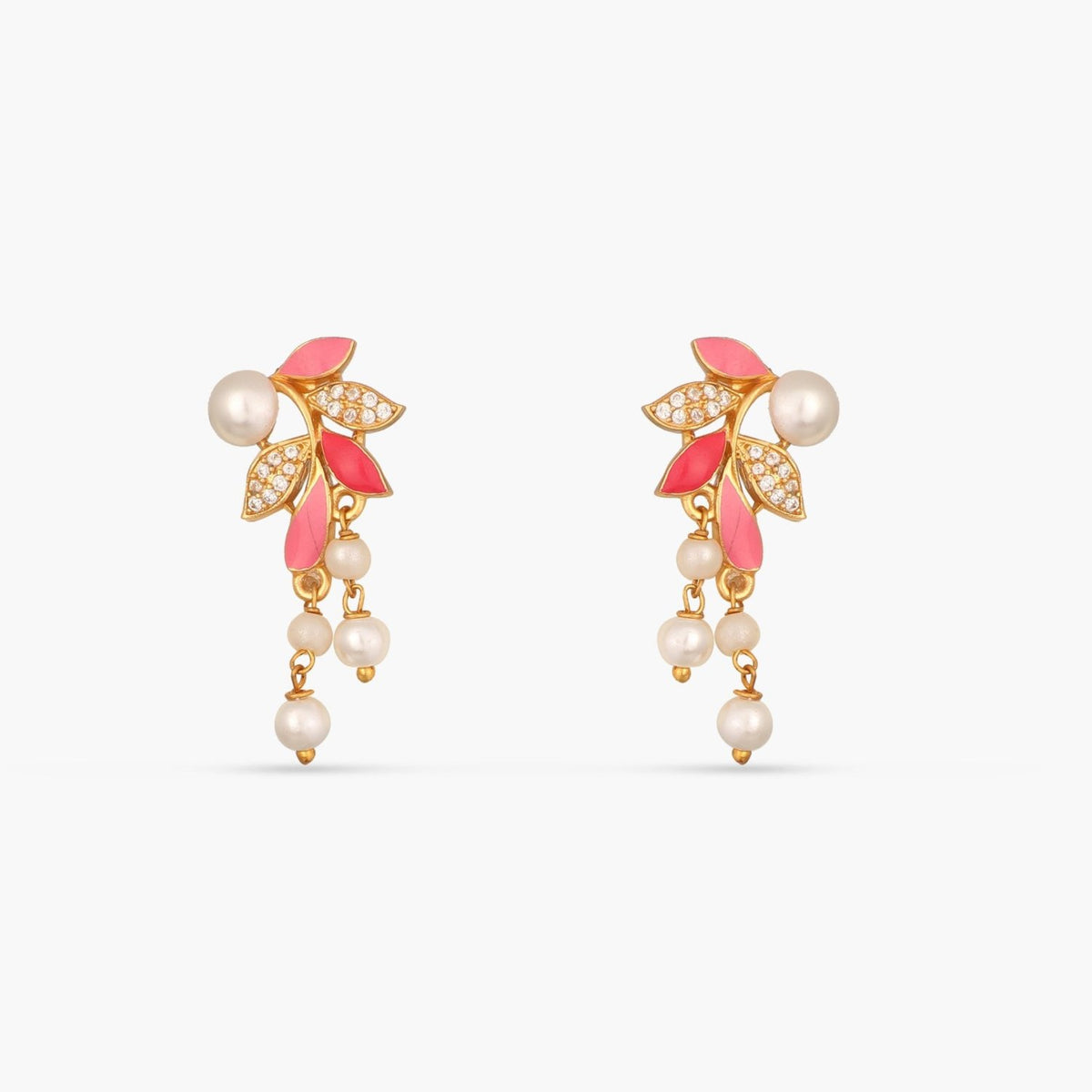 Eriha Pearl CZ Pink Leaf Drop Earrings