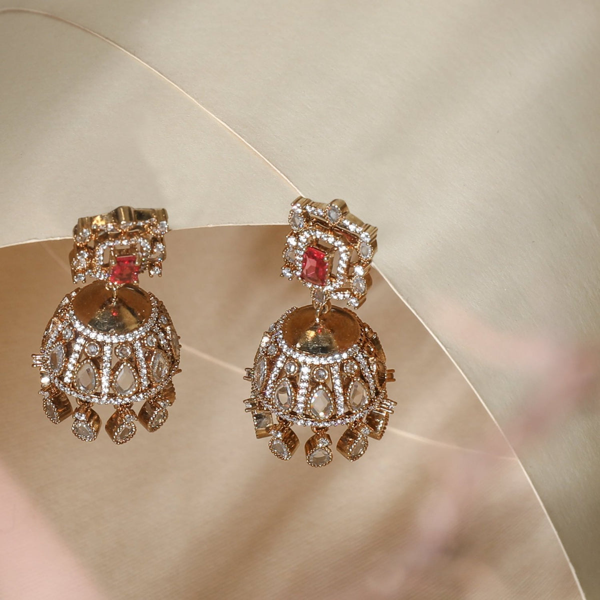 Ariana CZ Red Jhumka Earrings