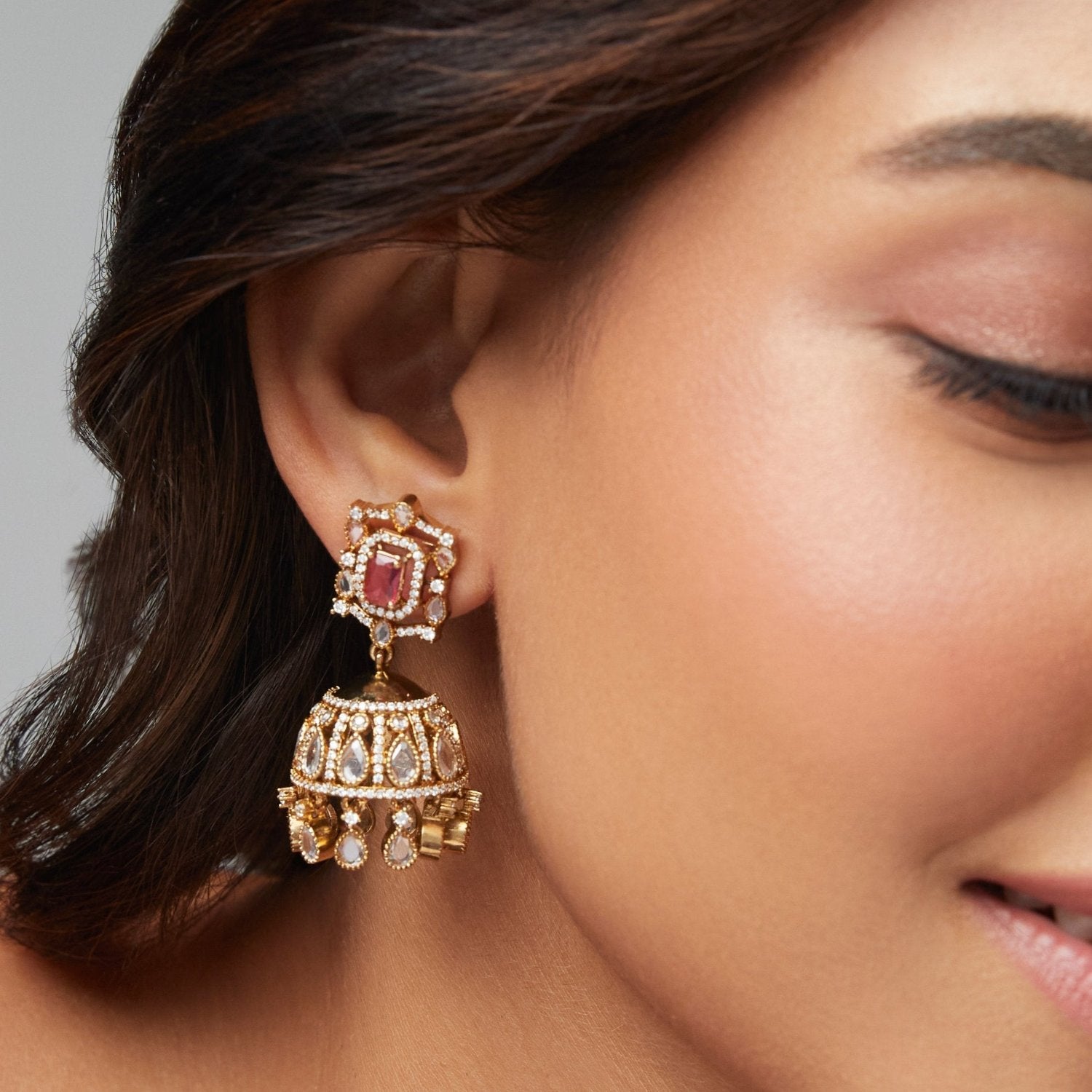 Ariana CZ Red Jhumka Earrings