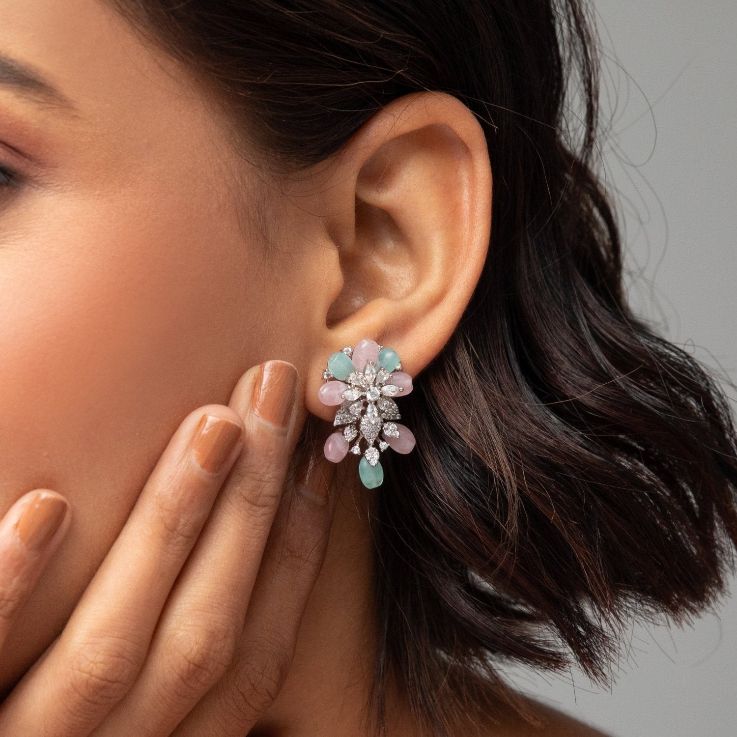 Floral Elegance CZ Aqua Beads Stud Earrings