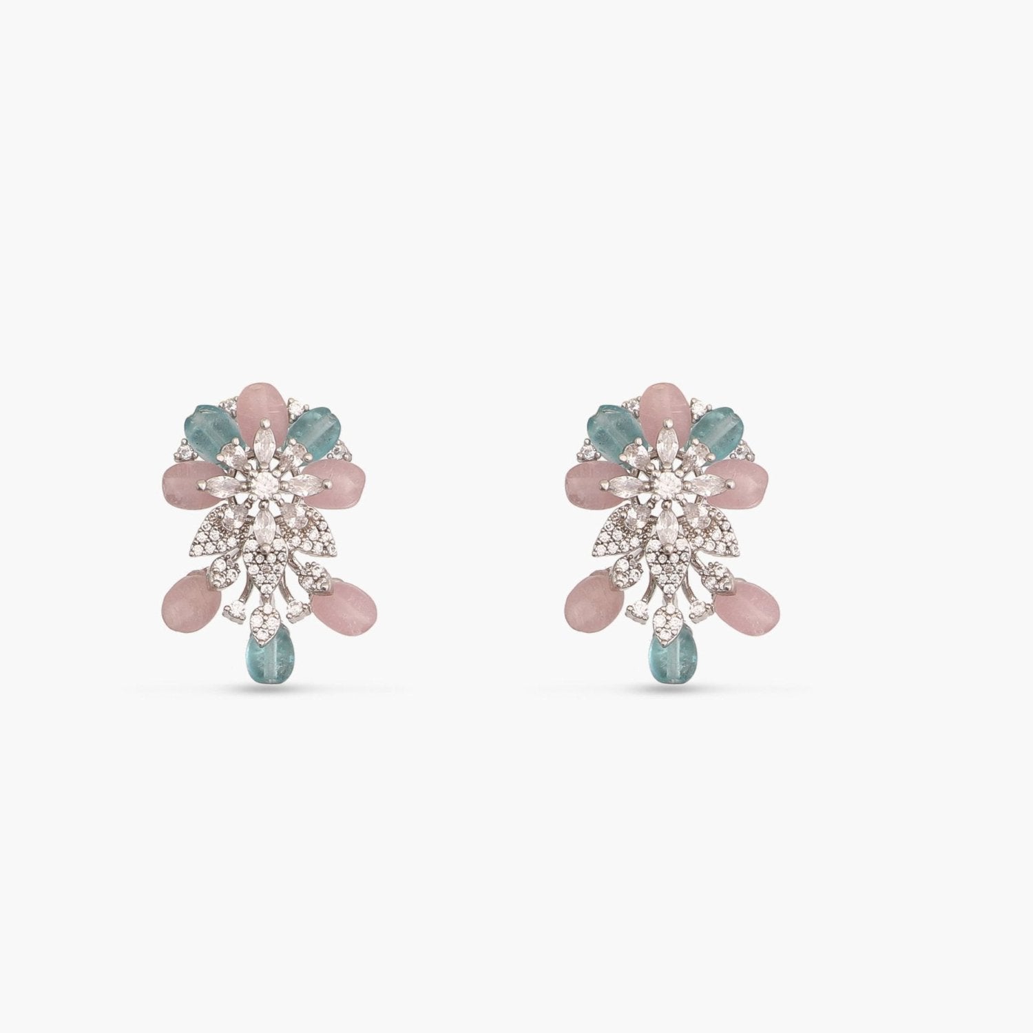 Floral Elegance CZ Aqua Beads Stud Earrings