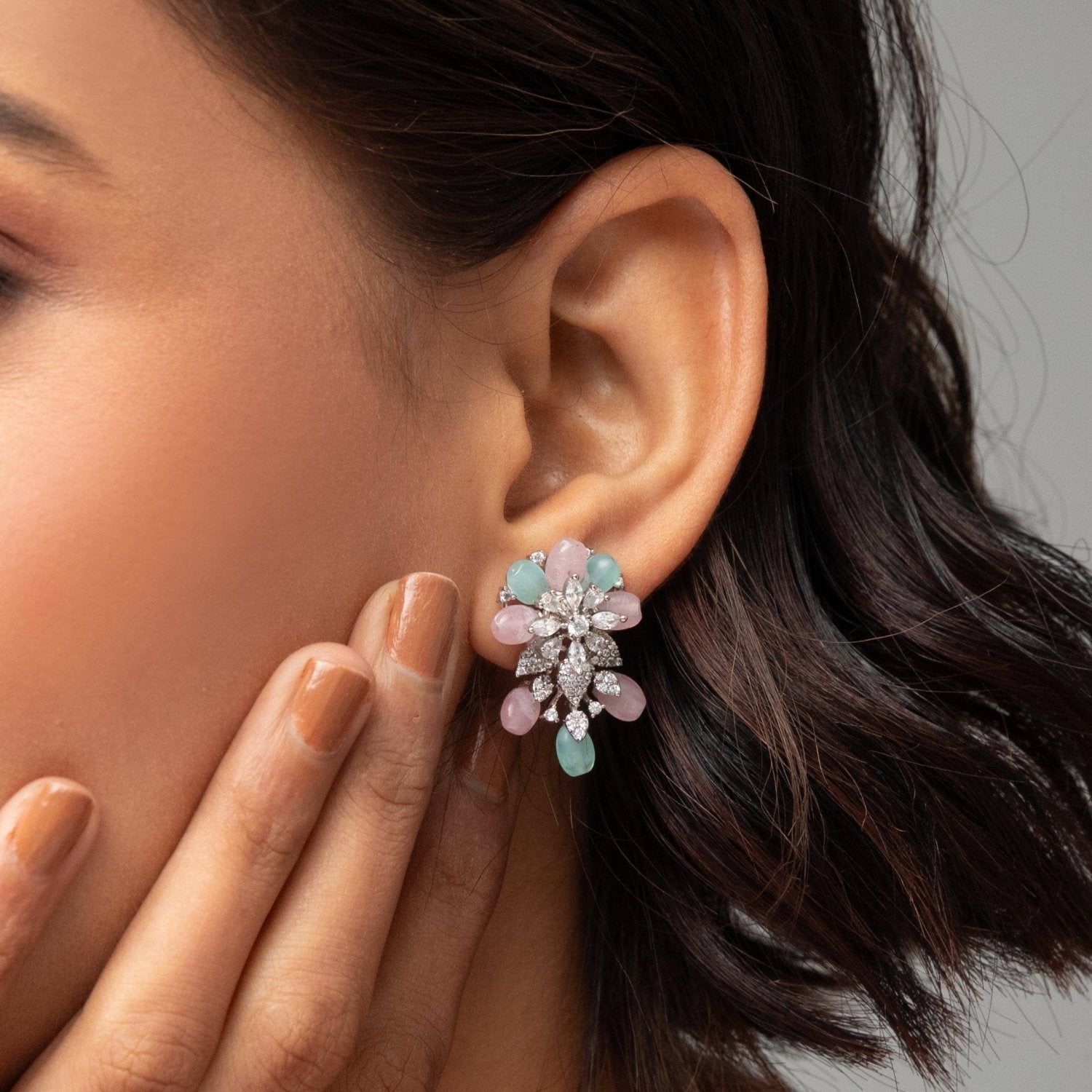 Floral Elegance CZ Mint Beads Stud Earrings