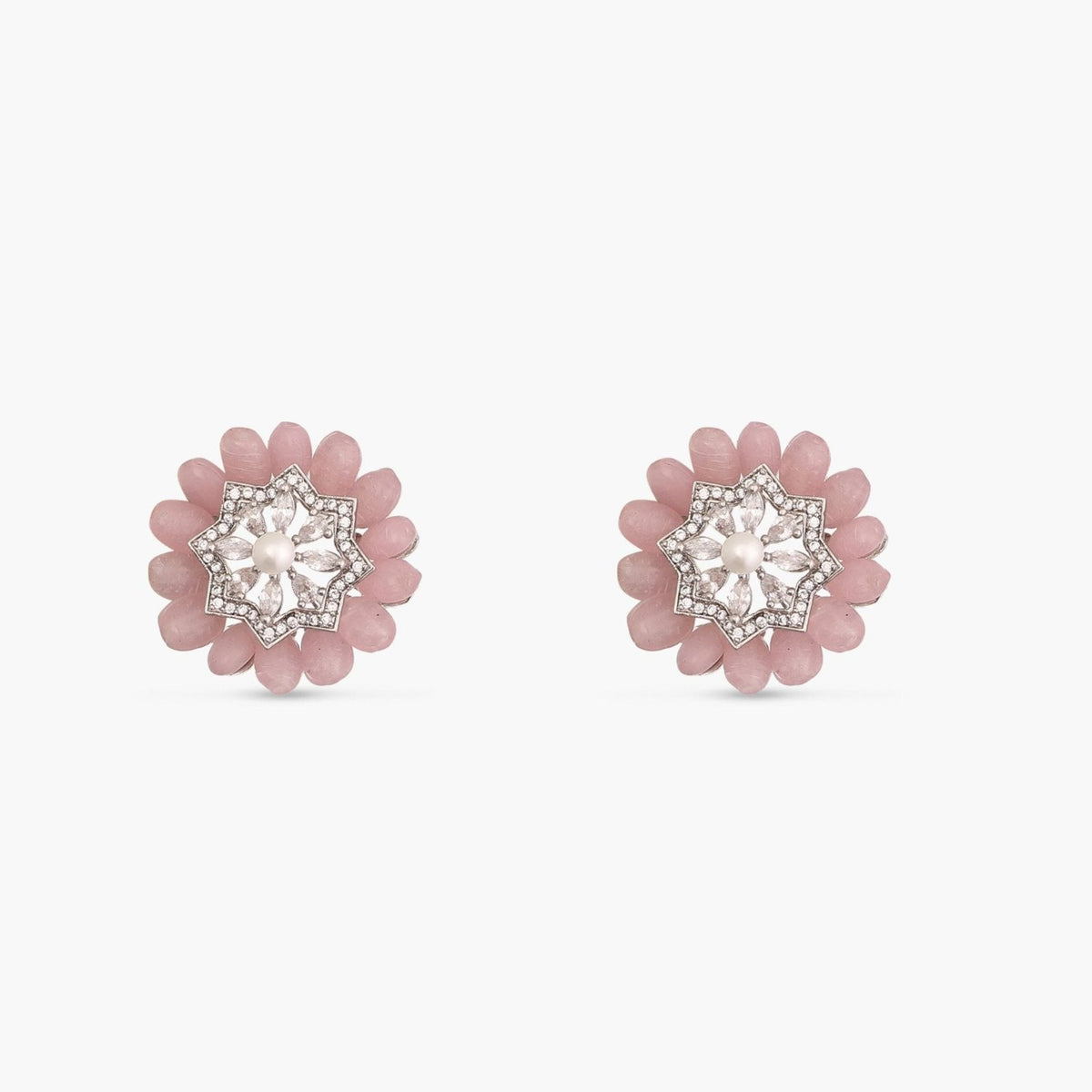 Floral Charm CZ Pink Beads & Pearl Stud Earrings