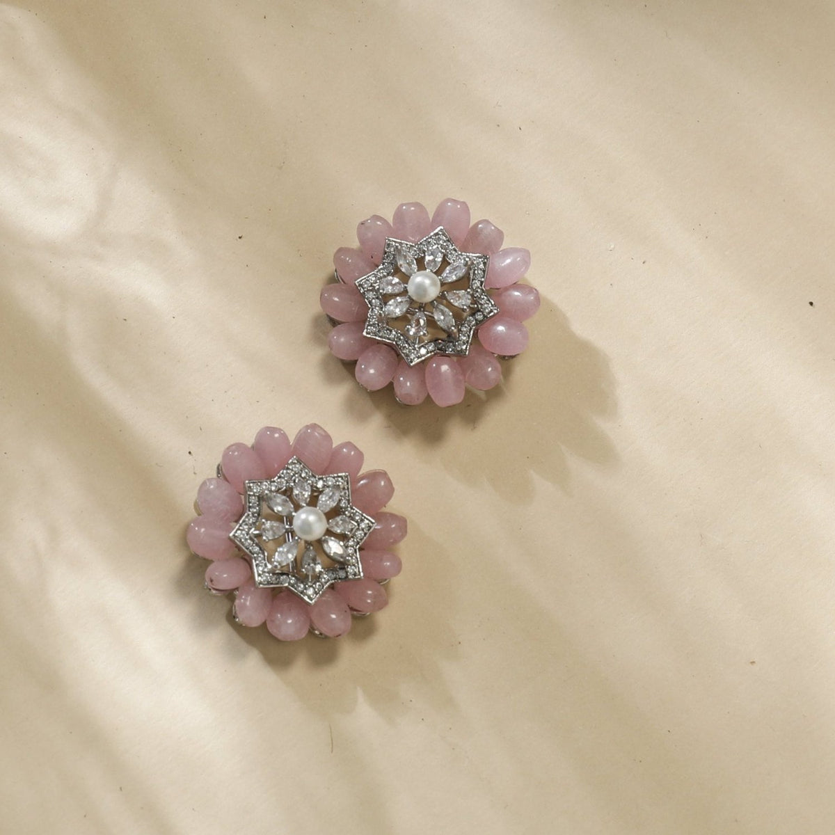 Floral Charm CZ Pink Beads &amp; Pearl Stud Earrings