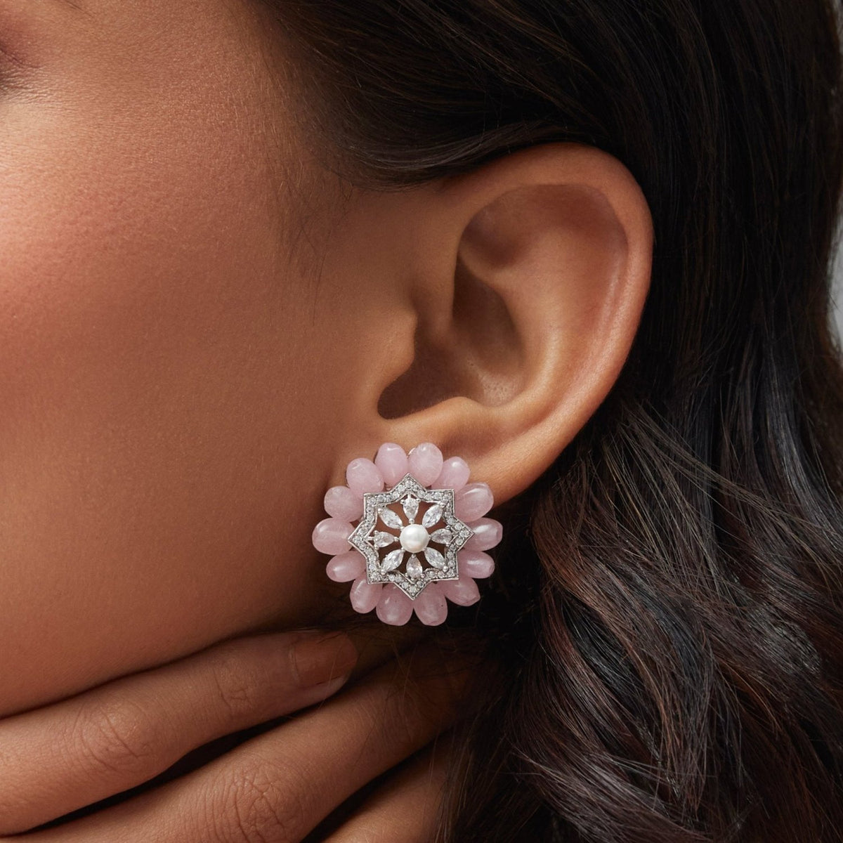 Floral Charm CZ Pink Beads & Pearl Stud Earrings