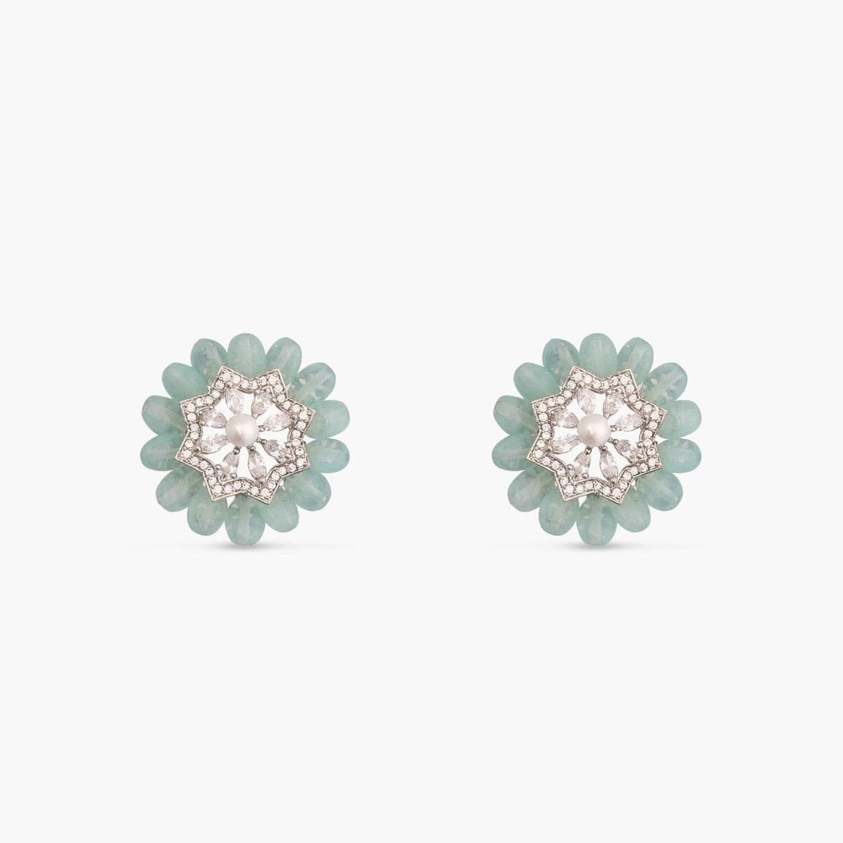 Floral Charm CZ Mint Beads &amp; Pearl Stud Earrings