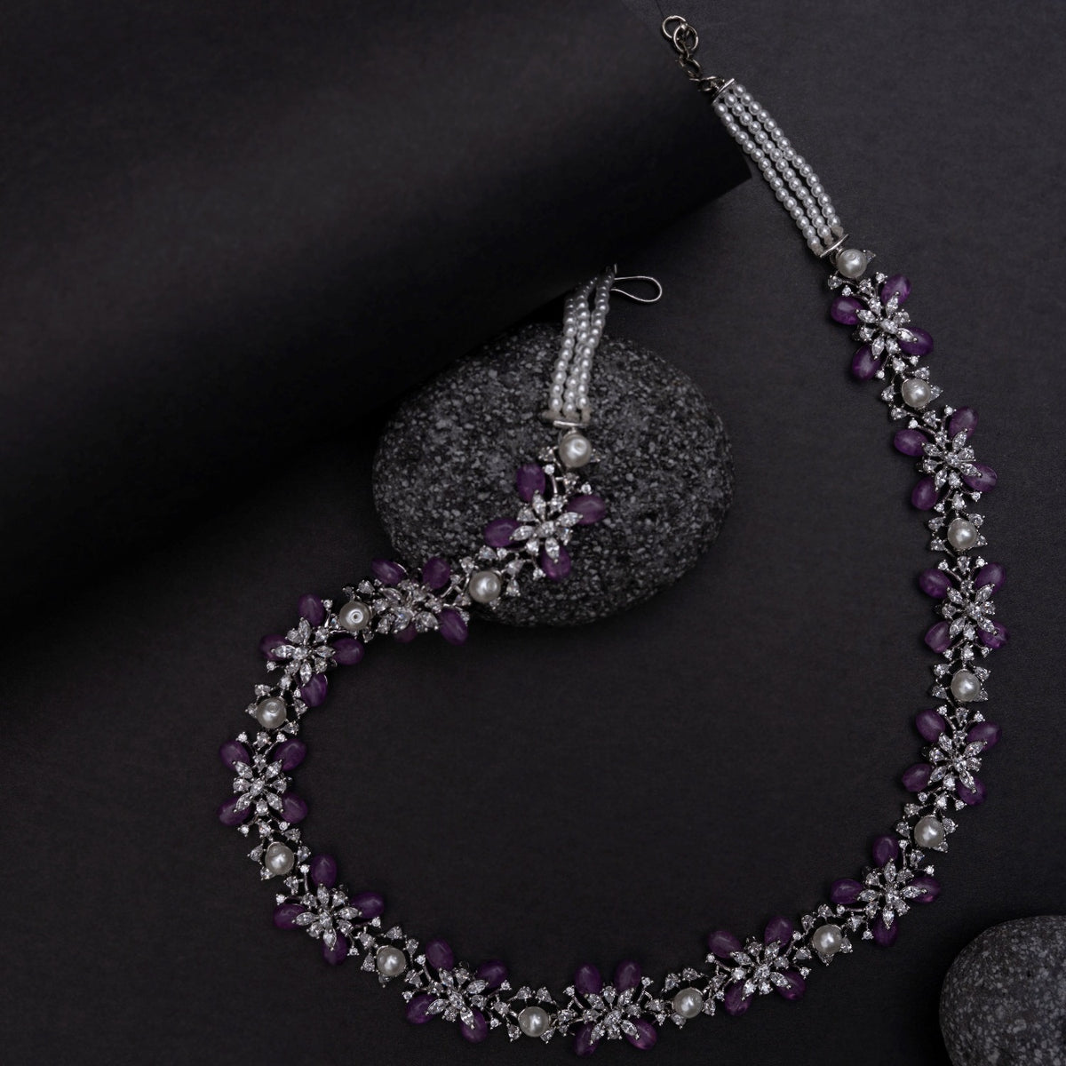 Floral Petal CZ Lavender Beads & Pearl Long Necklace