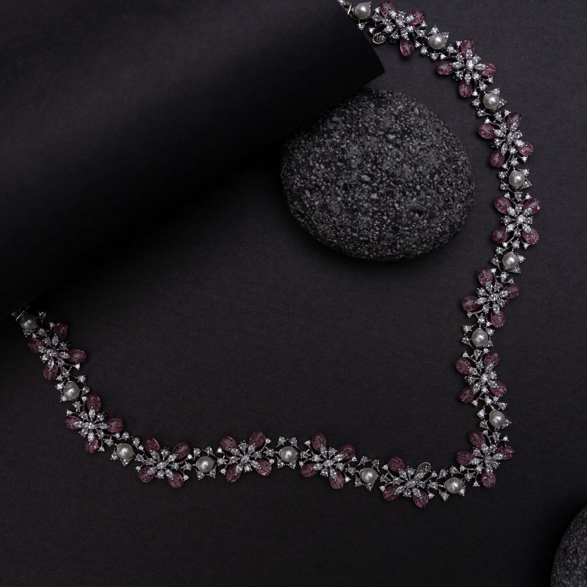 Floral Bloom CZ Pink Beads &amp; Pearl Long Necklace