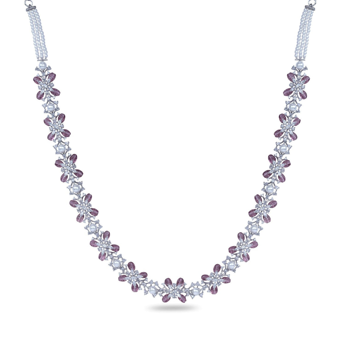 Floral Bloom CZ Pink Beads &amp; Pearl Long Necklace