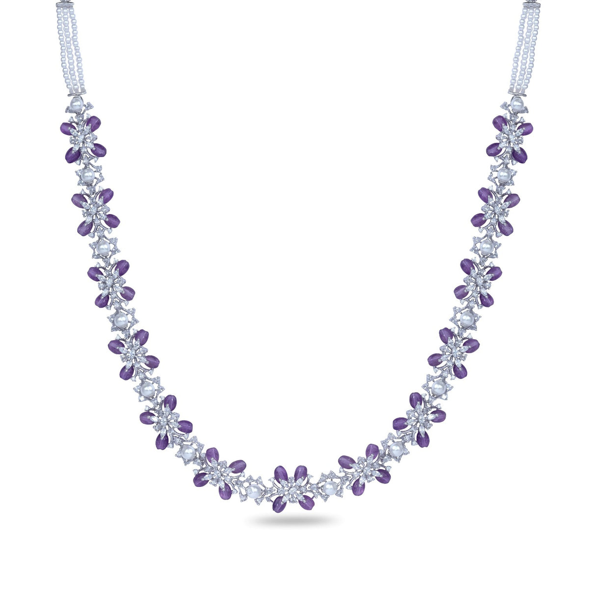 A picture of a floral petal necklace, crafted with CZ lavender beads and pearls.