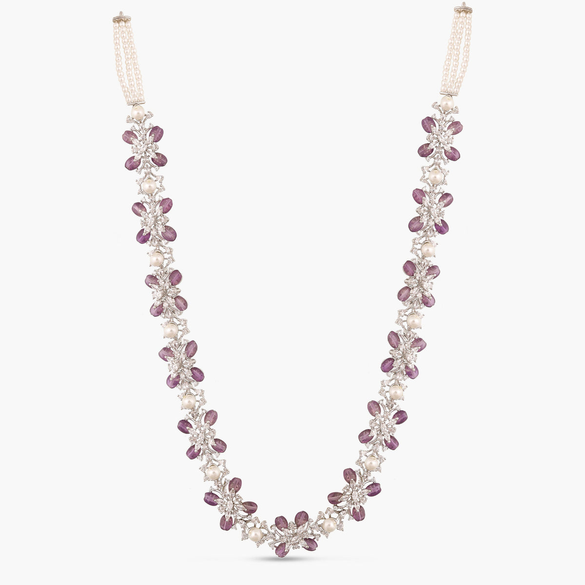 Floral Petal CZ Lavender Beads & Pearl Long Necklace