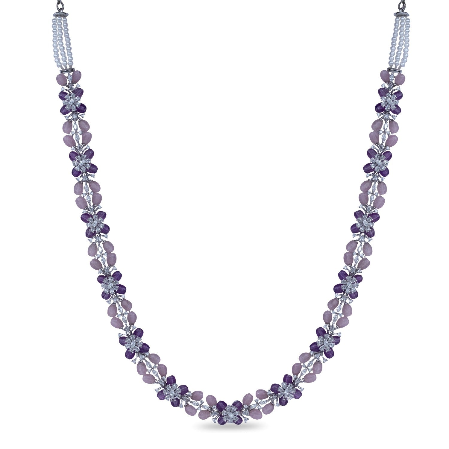 A picture of a necklace with Cubic Zirconia studded pink and lavender beads in a floral design.