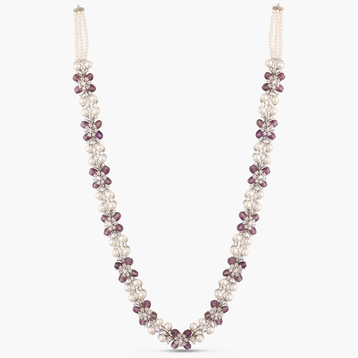 Floral Grace CZ Lavender Beads &amp; Pearl Long Necklace