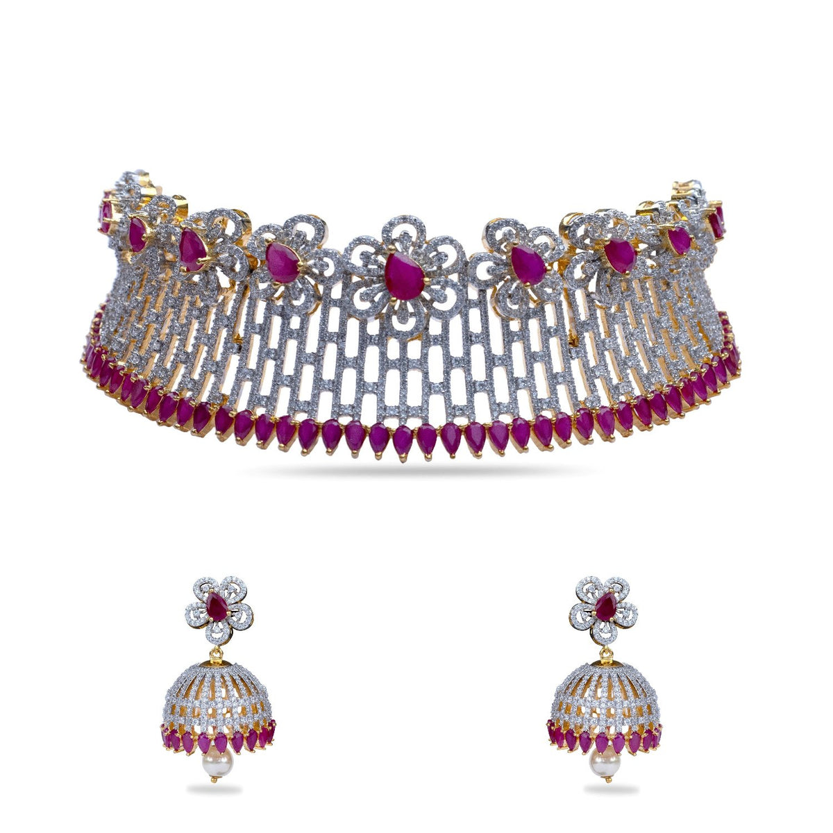 Lilac Floral Red Nakshatra CZ Choker Set