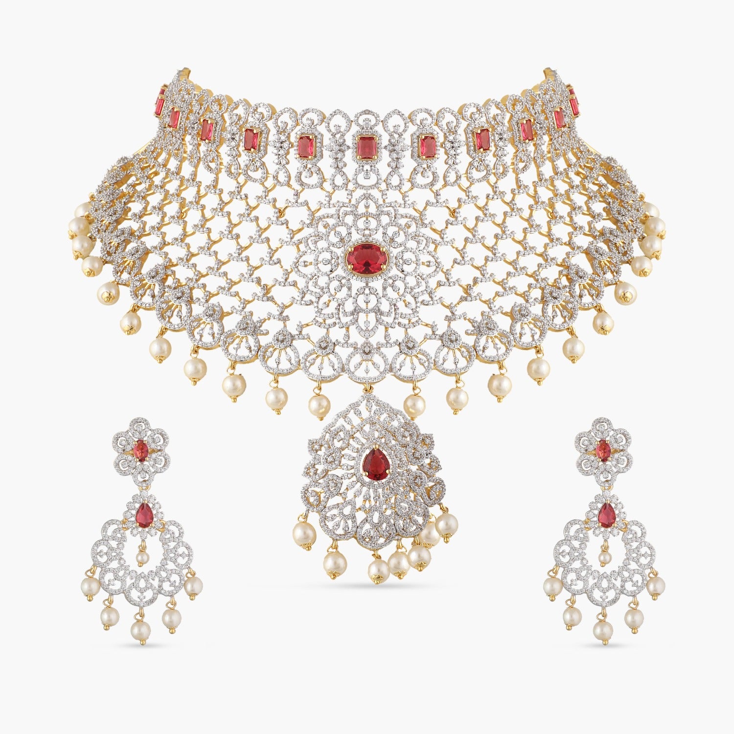 22K Gold 'Ram Parivar - Peacock' Necklace with Cz, Color Stones