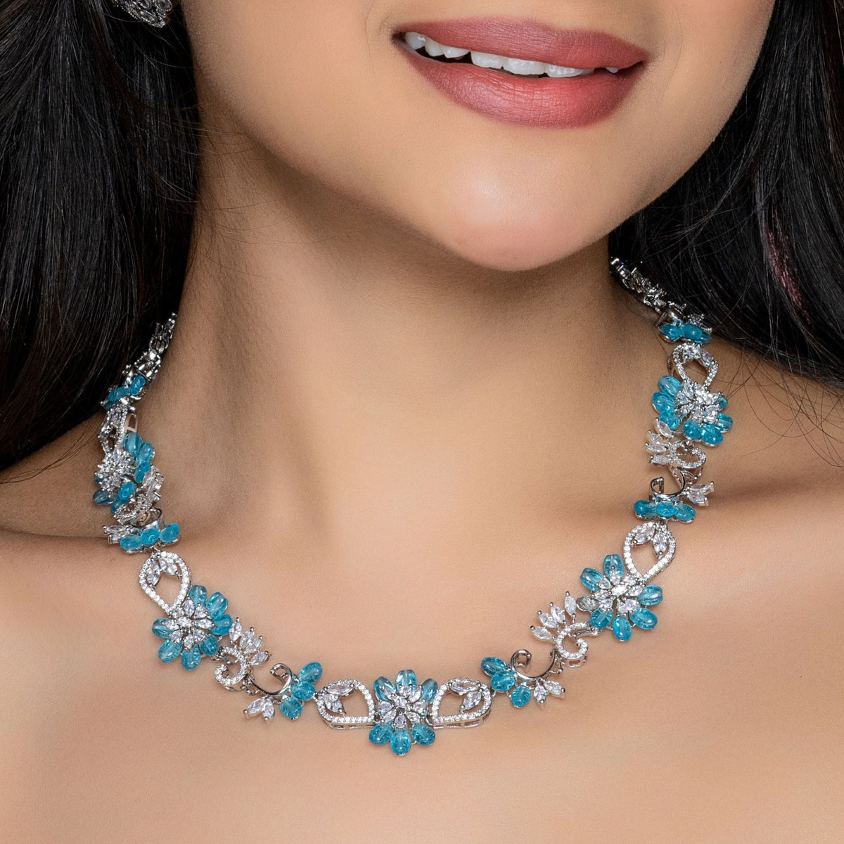 Floral Petal CZ Aqua Beads Necklace