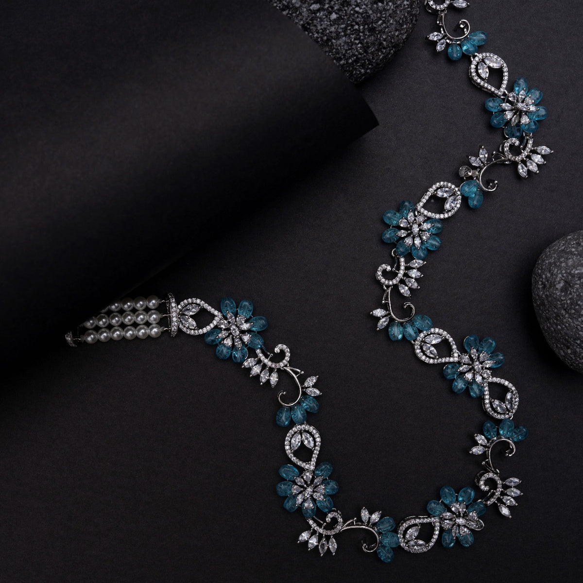 Floral Petal CZ Aqua Beads Necklace