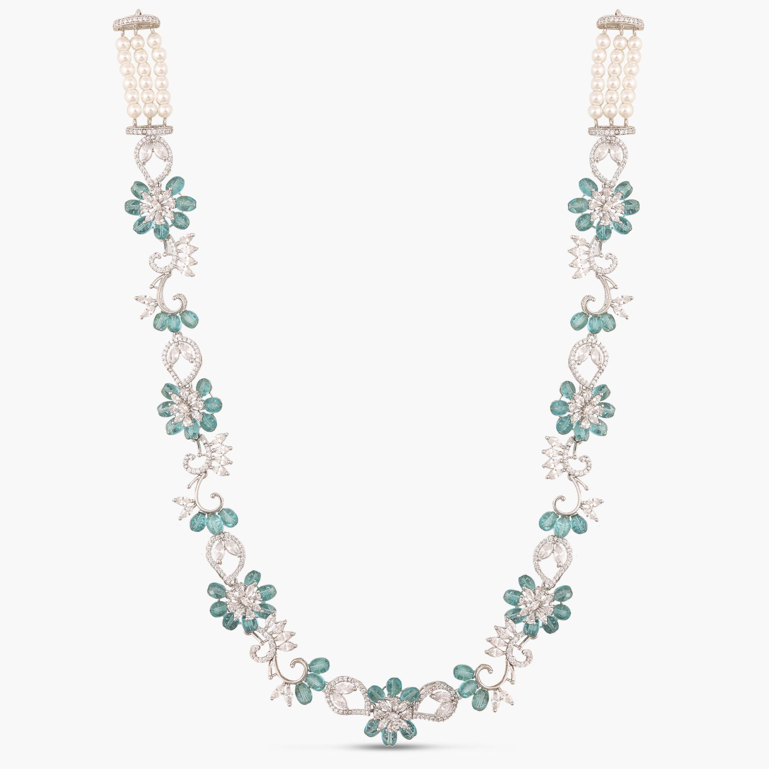 Floral Petal CZ Aqua Beads Necklace