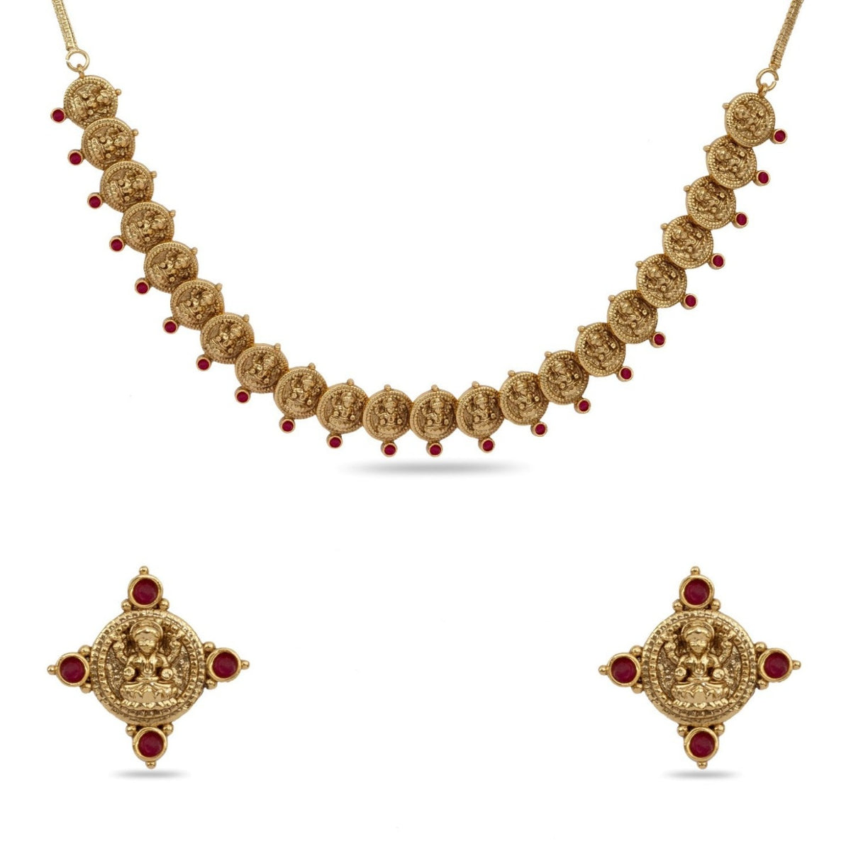 A close up image of a gold plated choker necklace and stud earrings with a geometric design.