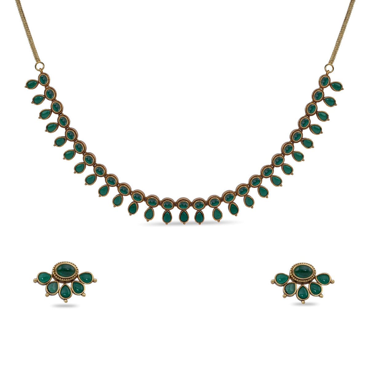 An image of antique gold necklace with heart-shaped small pendants, featuring green kempu stones.