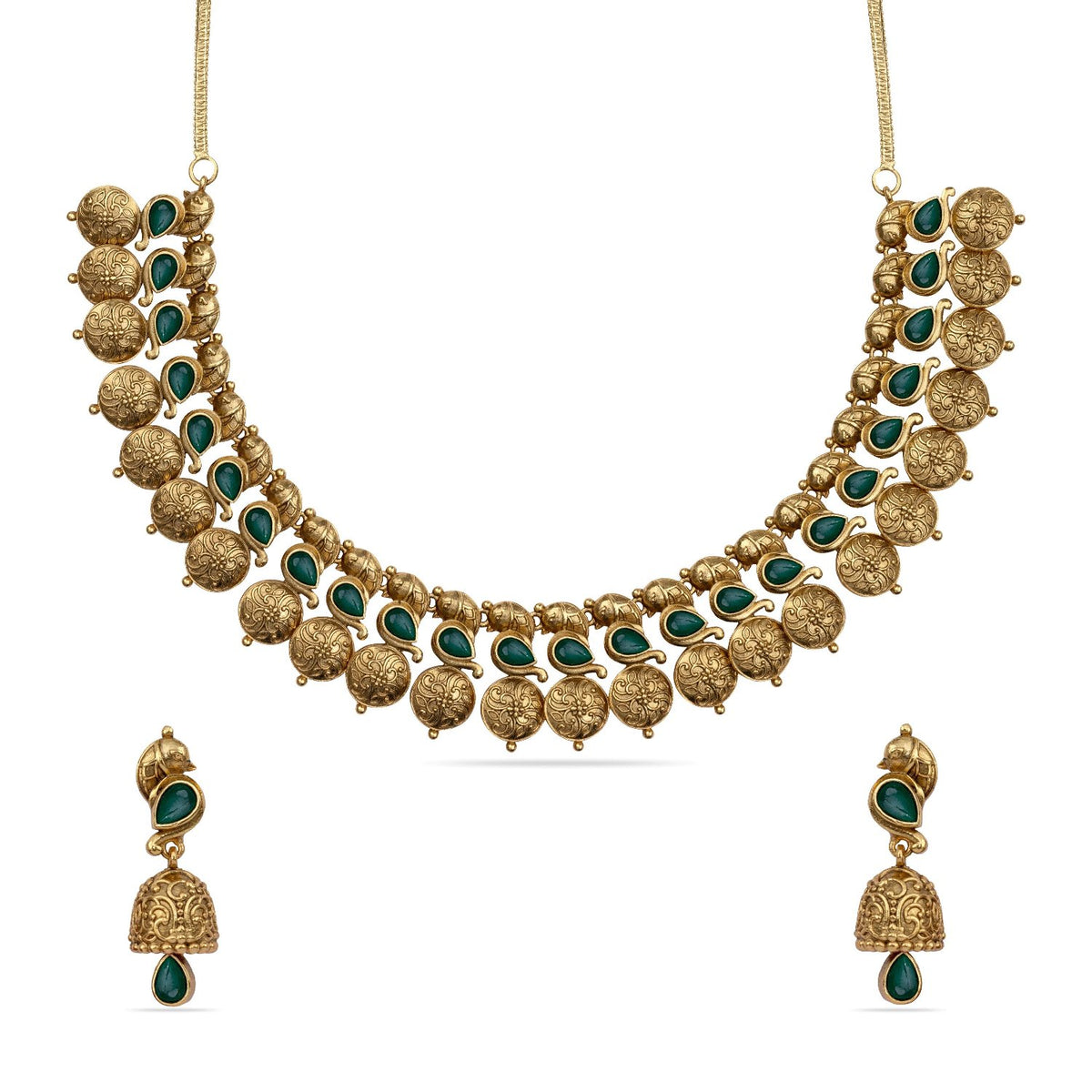 Vachi Antique Temple Green Kempu Necklace Set