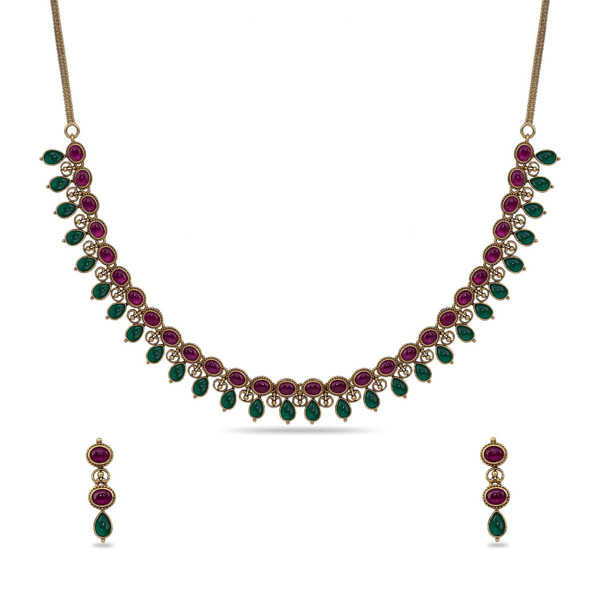 Preeja Antique Red Green Kempu Necklace Set