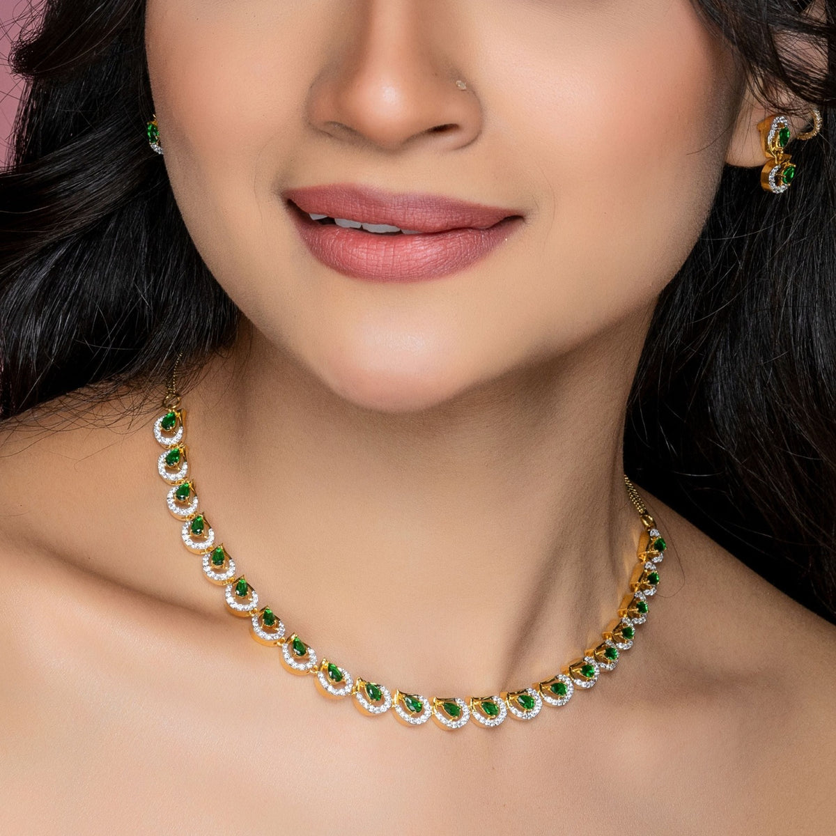 Petaline CZ Green Necklace Set