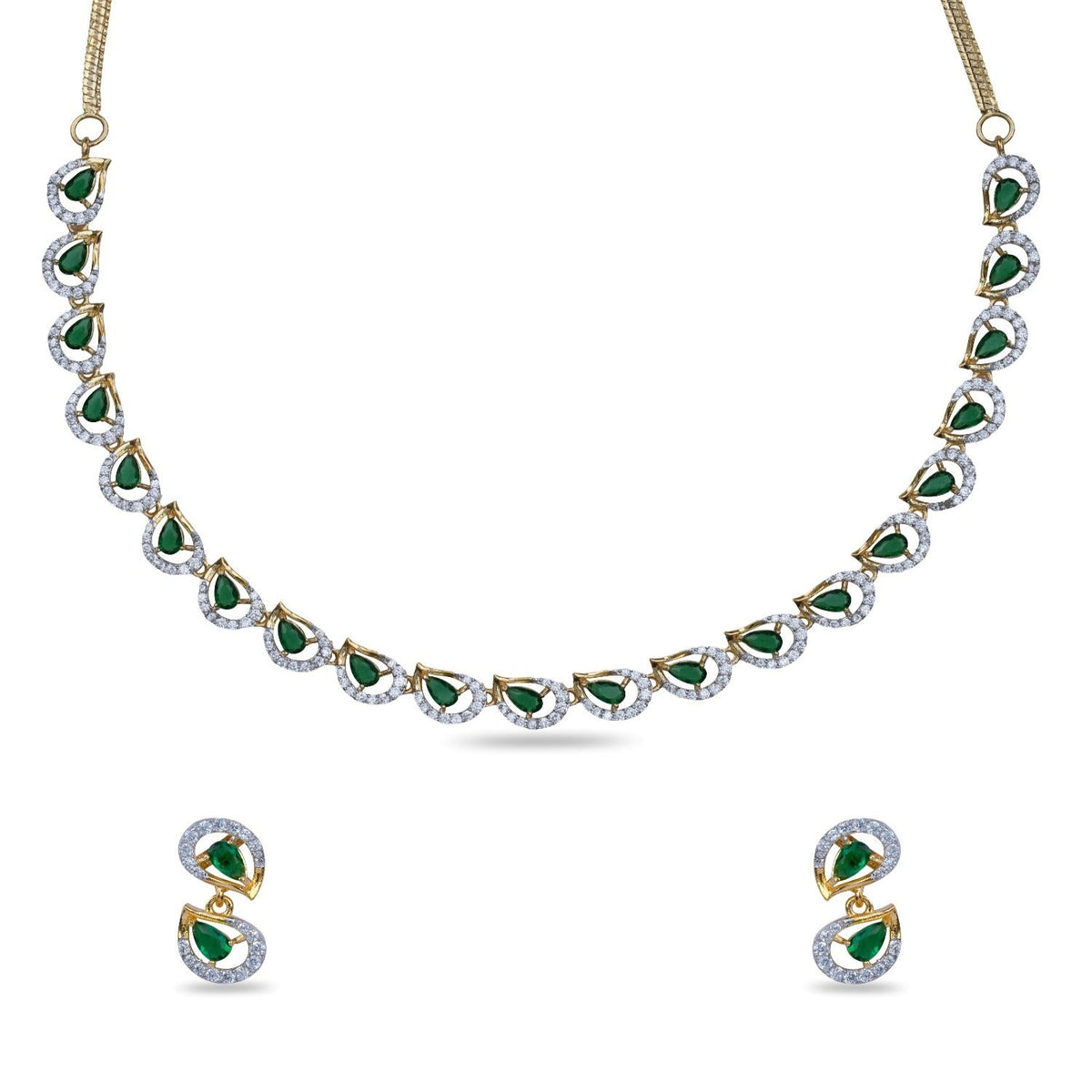 A picture of Cubic Zirconia studded green necklace with matching earrings