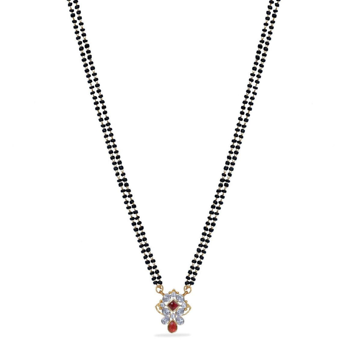 A close up image of a necklace with red, white and black beads featuring Cubic Zirconia stones.