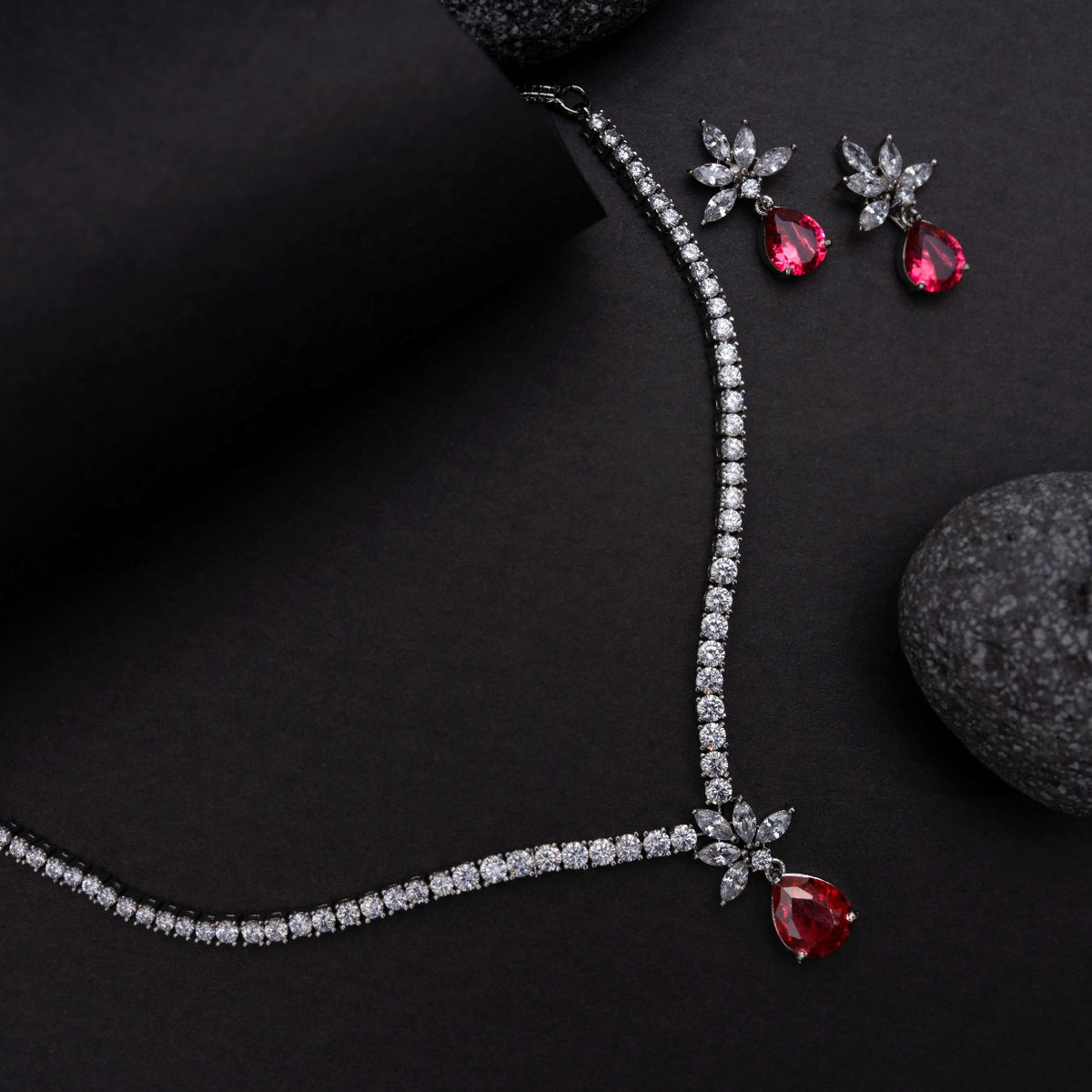 Camellia CZ Red Necklace Set